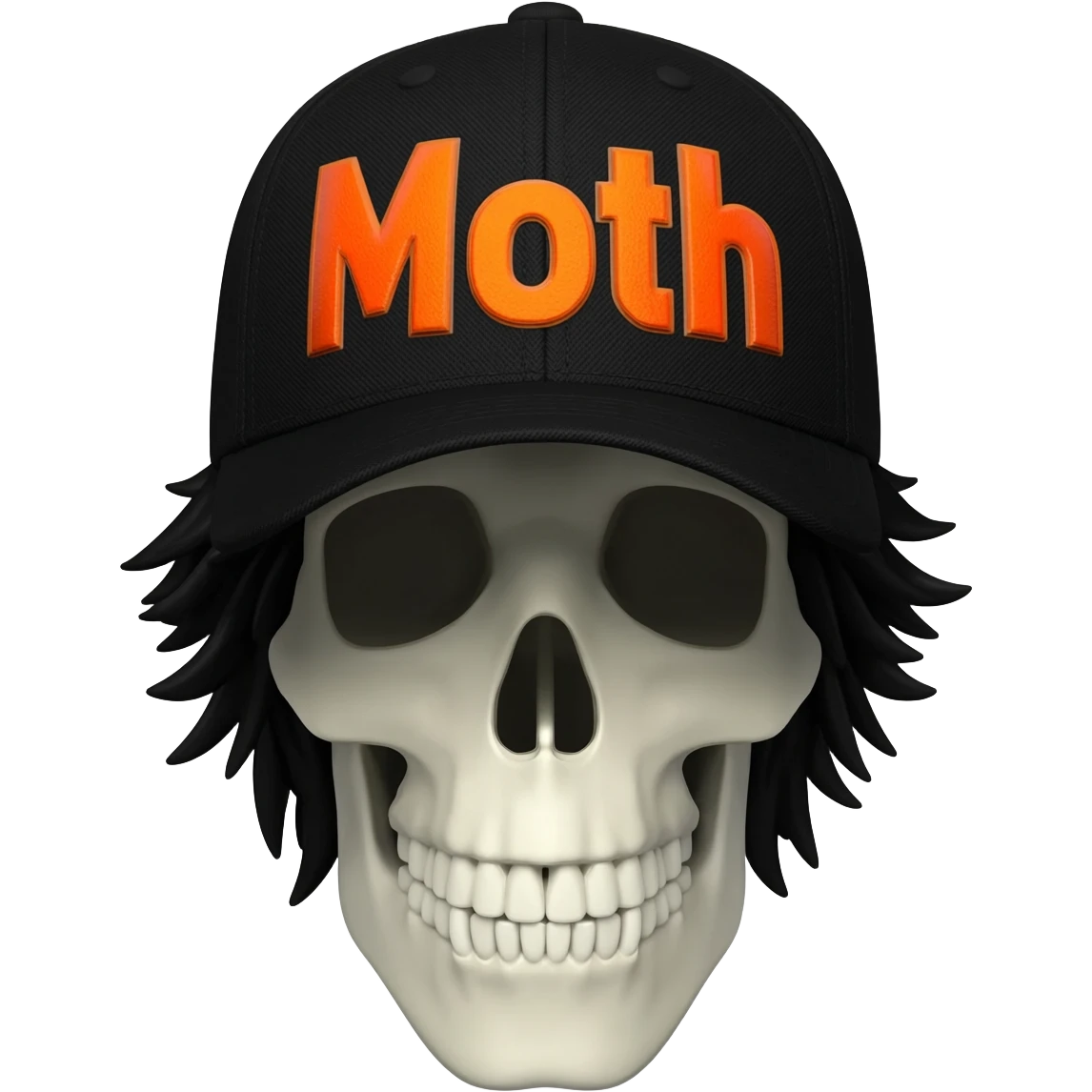 Create a skeleton head wearing a black baseball cap that says "Moth" in orange lettering, with black hair emoji