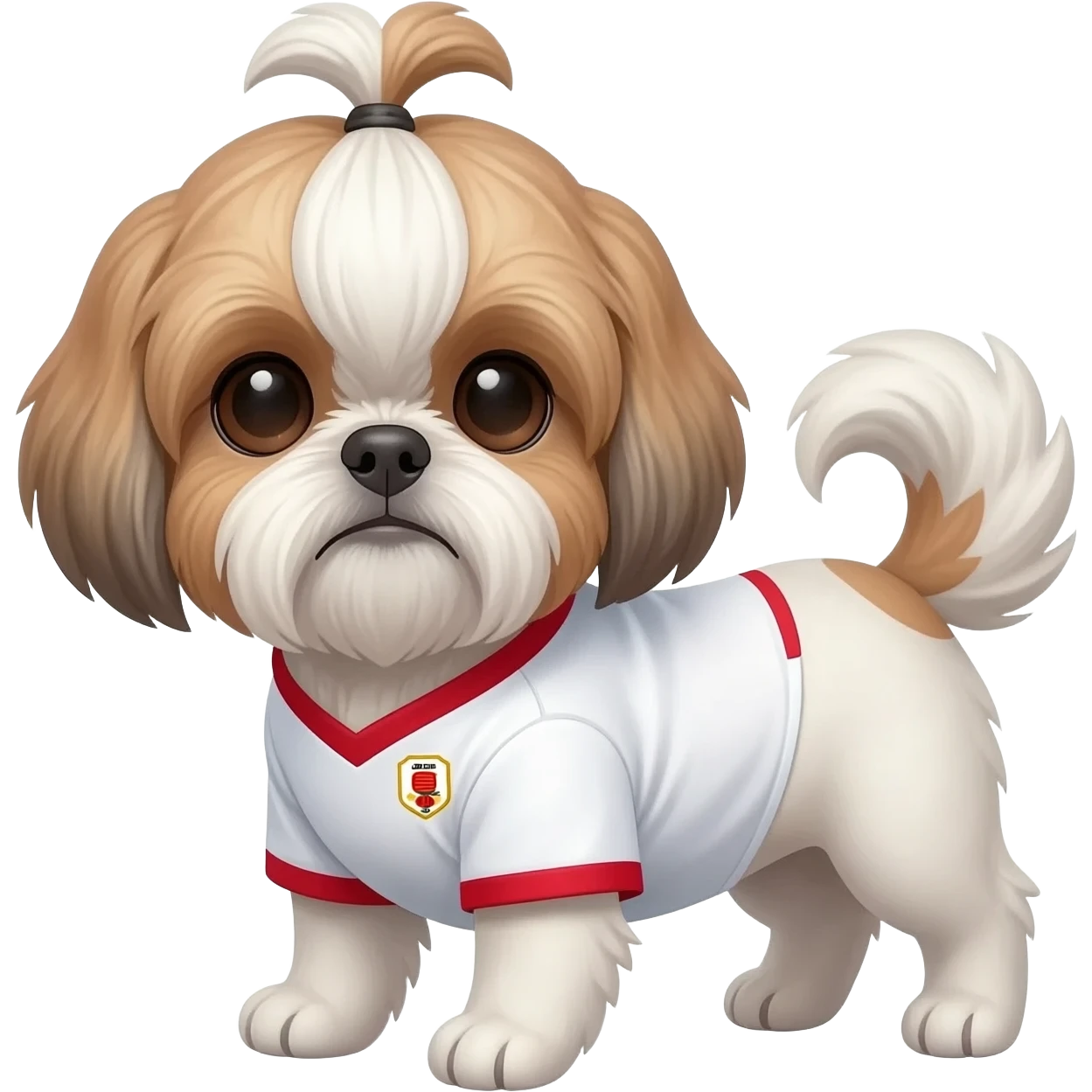 white and light brown shih zhu wearing a Japan white and red soccer jersey v neck 2026 work cup emoji