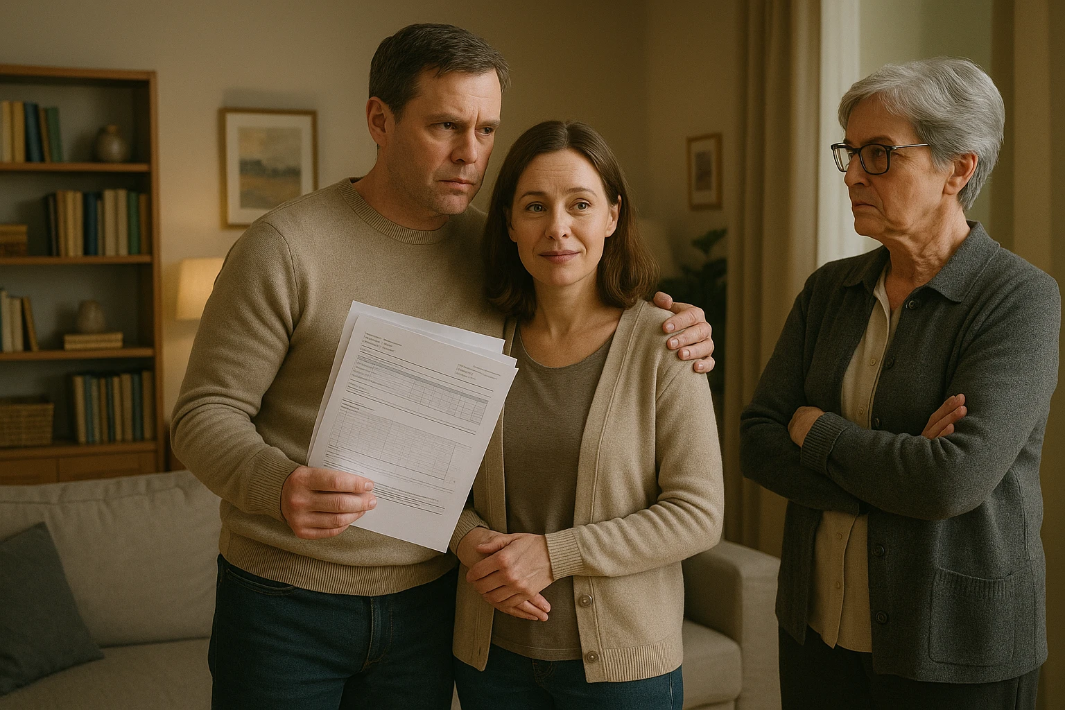 A middle-aged man standing protectively between his wife and his critical mother-in-law, his body language shielding his wife, holding medical reports in his hand, living room background, tense but supportive atmosphere. emoji