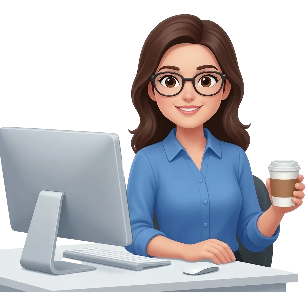 Asistente mujer en escritorio con computadora emoji