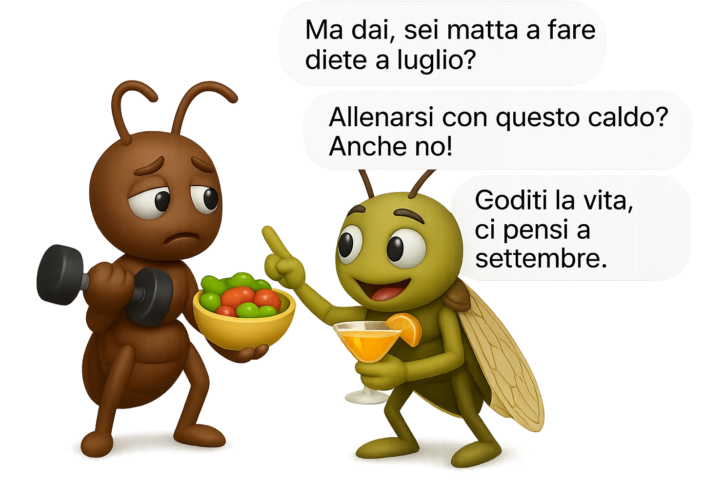 EMOJI STILE IPHONE 3D DI una cicala e una formica che parlano tra loro, la formica ha nella mano destra un manubrio da palestra e nella nella mano sinistra una bowl di insalata, la cicala invece ha un cocktail in mano, la cicala prende in giro la formica E LE DICE IN 3 FUMETTI DIFFERENTI: "Ma dai, sei matta a fare diete a luglio?”
“Allenarsi con questo caldo? Anche no!”
“Goditi la vita, ci pensi a settembre.”
 emoji