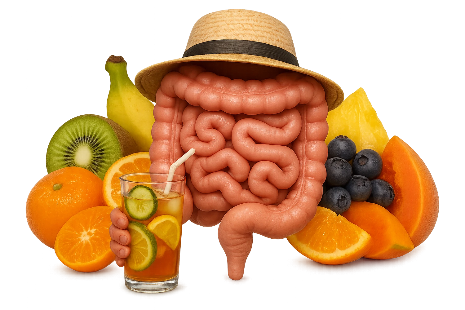EMOJI STILE IPHONE DI INTESTINO UMANO REALISTICO CON CAPPELLO DI PAGLIA DA SPIAGGIA CHE BEVE UN Tè FREDDO IN BICCHIERE DI VETRO CON DENTRO  fette di cetriolo, limone, lime, DIETRO L'INTESTINO C'è UNA MONTAGNA DI PEZZI DI FRUTTA: Kiwi
Banana acerba
Arance e mandarini
Mirtilli
Ananas
Papaya
IPERREALISTICO 4K emoji