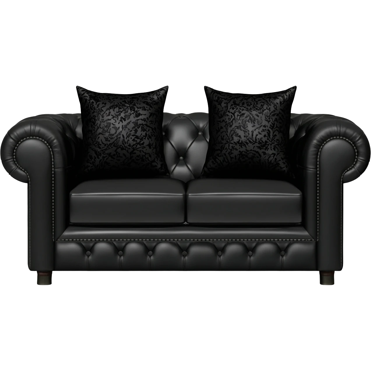 Hyperrealistic mirco-detailed, black leather Luxury couch, with two black silk patterned print decorative pillows, in a trending now style. Sill life, no emoji icons, no emoji faces, no human figures, 8k emoji
