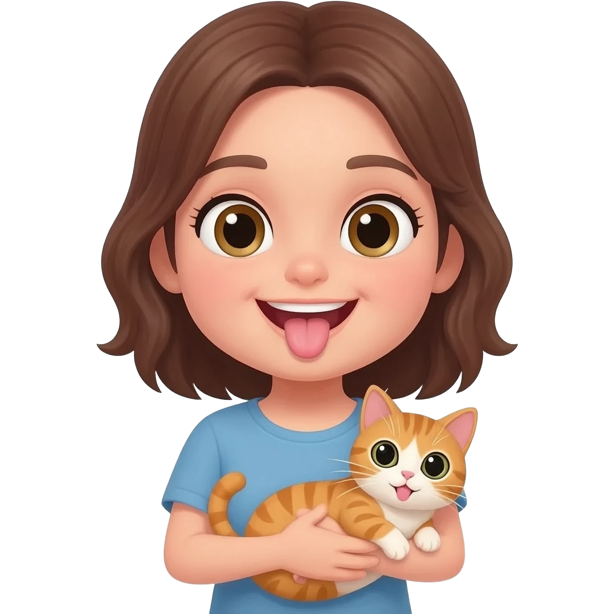 Emoji style Girl showes her tongue. There is a cat in her arms emoji