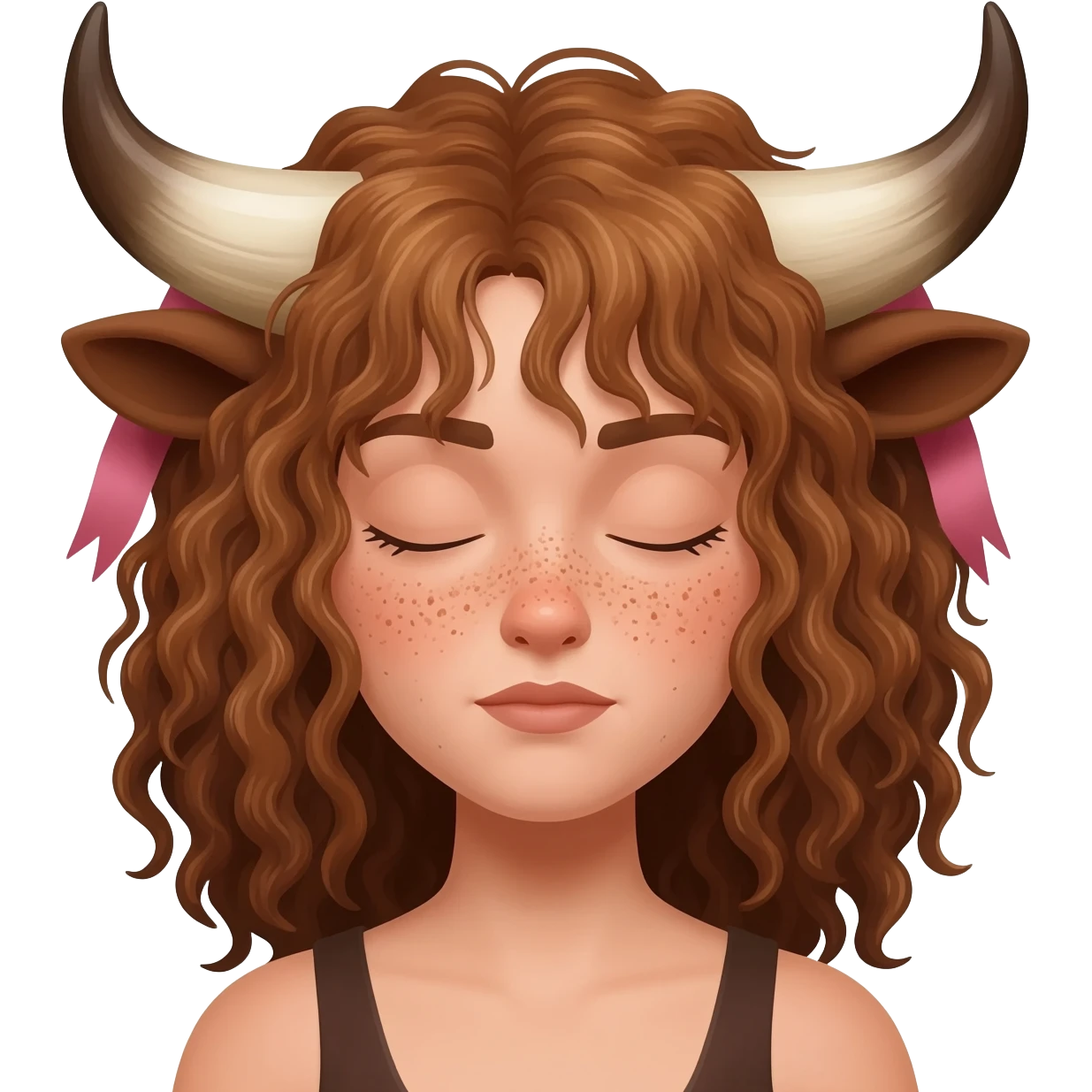buff curly woman with freckles with messy light brown bangs covering the eyes with cow horns and cow brown ears with ribbon in her hair emoji