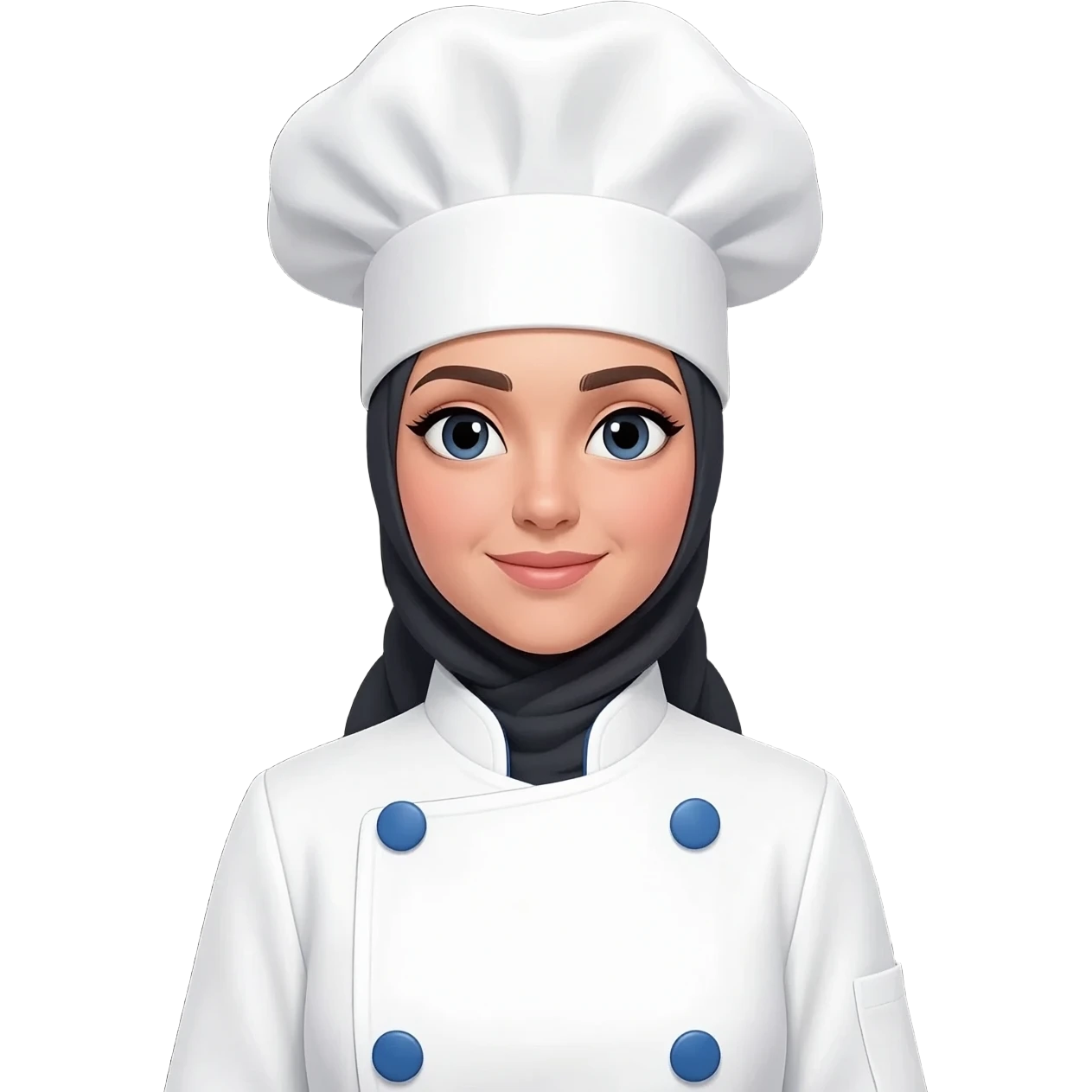 wanita koki dengan baju chef putih, kancing biru, menggunakan hijab yang menutup kepala dan leher, topi chef putih, dan latar belakang jangan warna hitam emoji