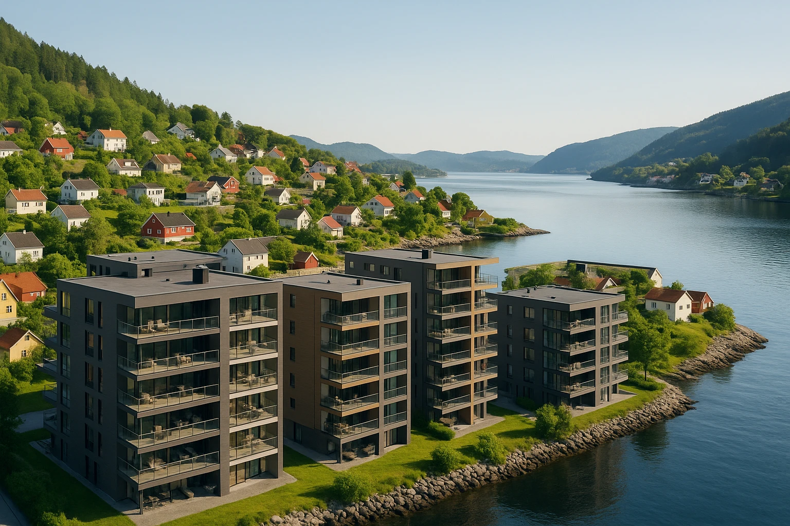 A coastal town in norway, apartment blocks emoji