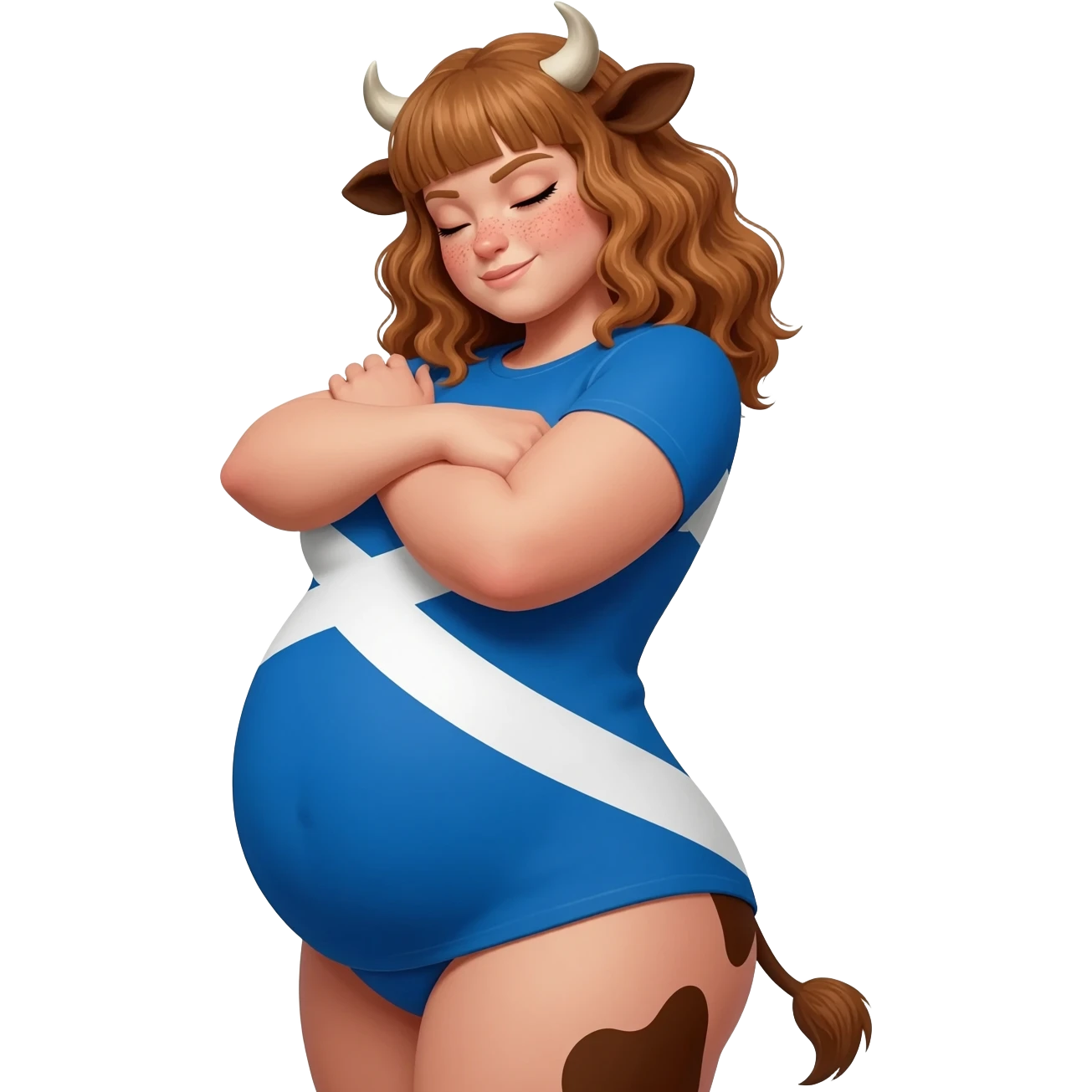 sleepy muscular hairy buff curly woman with frecles with light brown messy hair with straight bangs with brown cow tail with fat thights with cow horns and cow brown ears with extra large breasts dressed in stretched T-shirt with scottish flag hugs herself by her shoulder squints one eye emoji