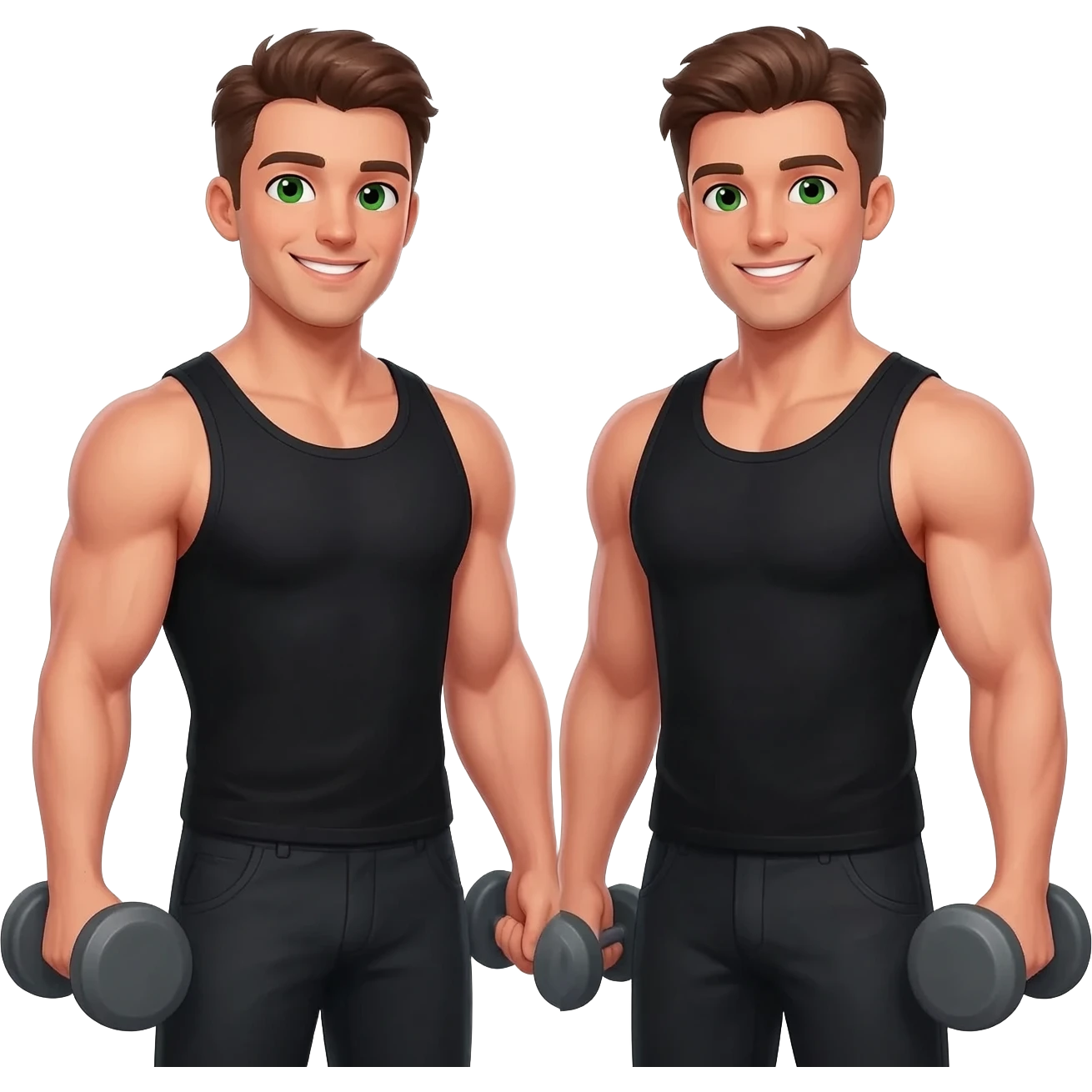 White beautiful fitness men with brown hair and green eyes with dumbbells in their hands emoji