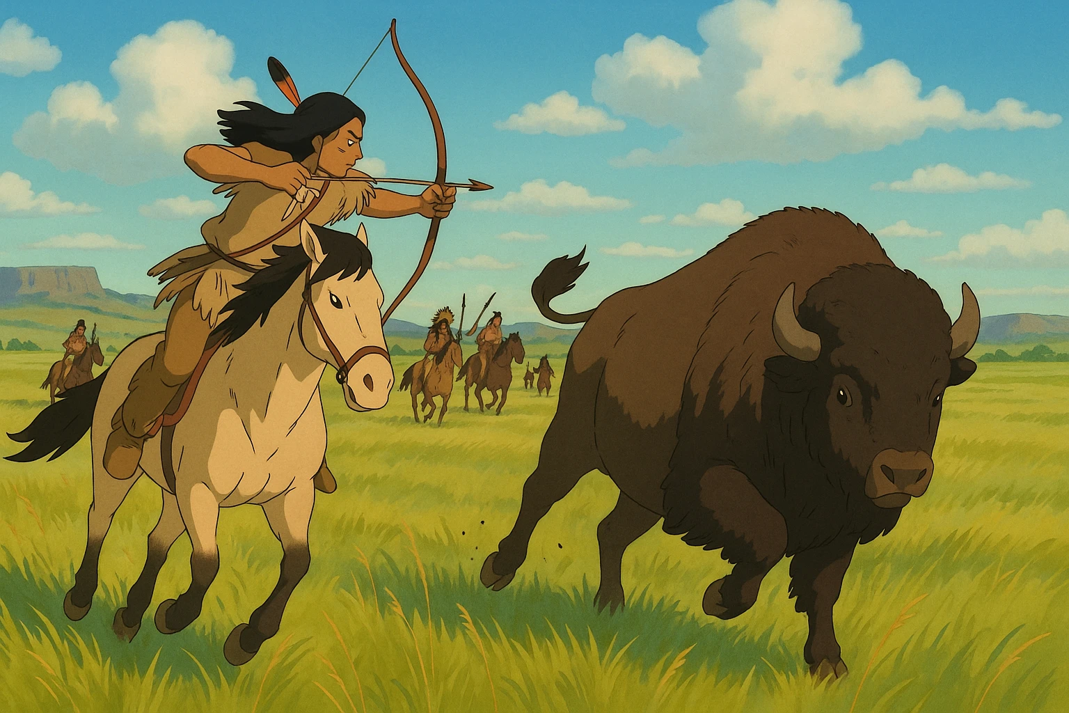 A native American warrior with a bow and arrow on horseback hunting a buffalo on the great plains grassland with other native americans in the background emoji