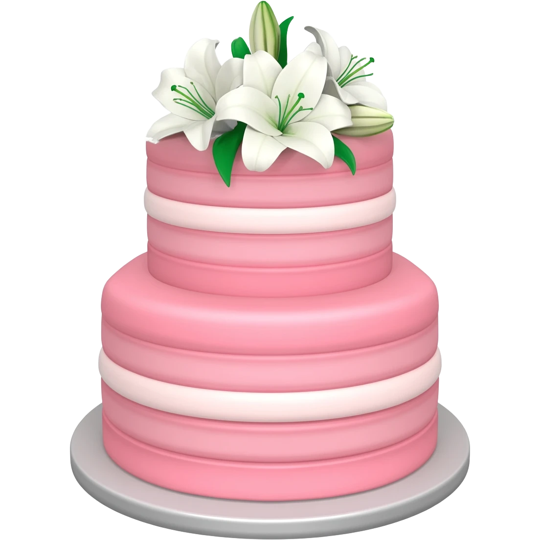 Pastel pink shaped wedding cake with and white lilies on top emoji