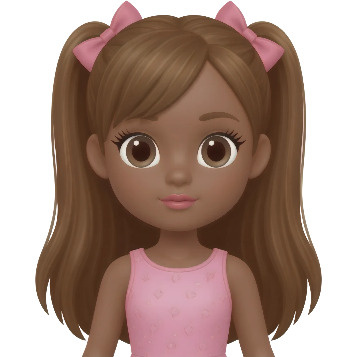 Doll with dark blonde skin with long brown hair with pink bows, lashes, cute lips emoji