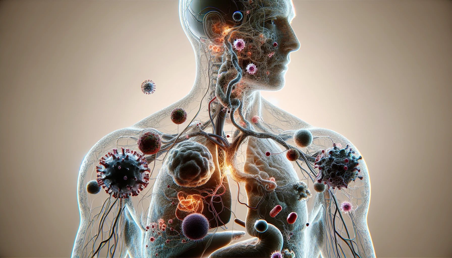 corpo umano anatomico che accumula tossine e virus e malattie nel corpo , sfondo neutro chiaro, iperrealistico 4k emoji