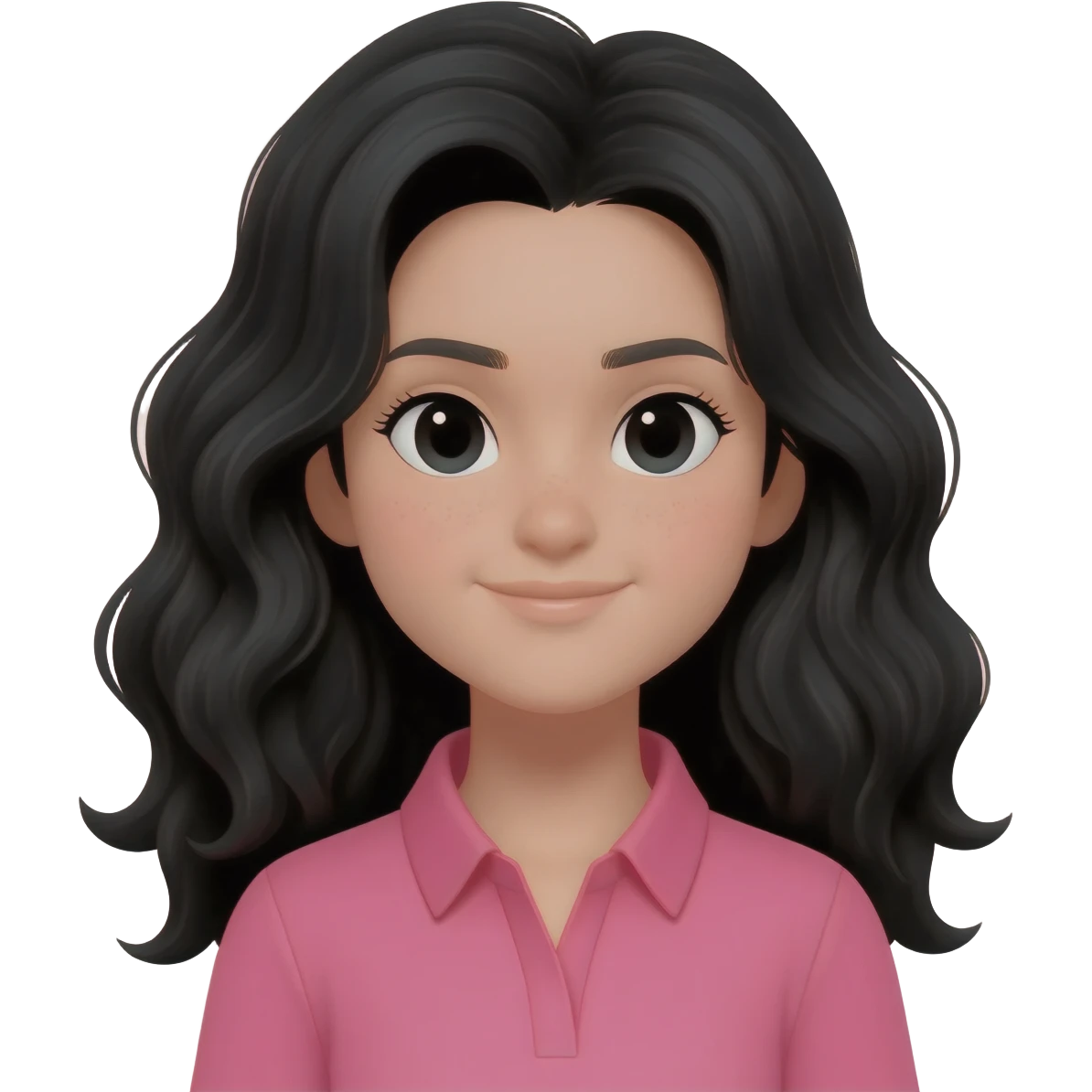 MAKE A CONTENT CREATION GIRL WITH BLACK WAVY AND LONG HAIR, WITH A PINK SHIRT emoji
