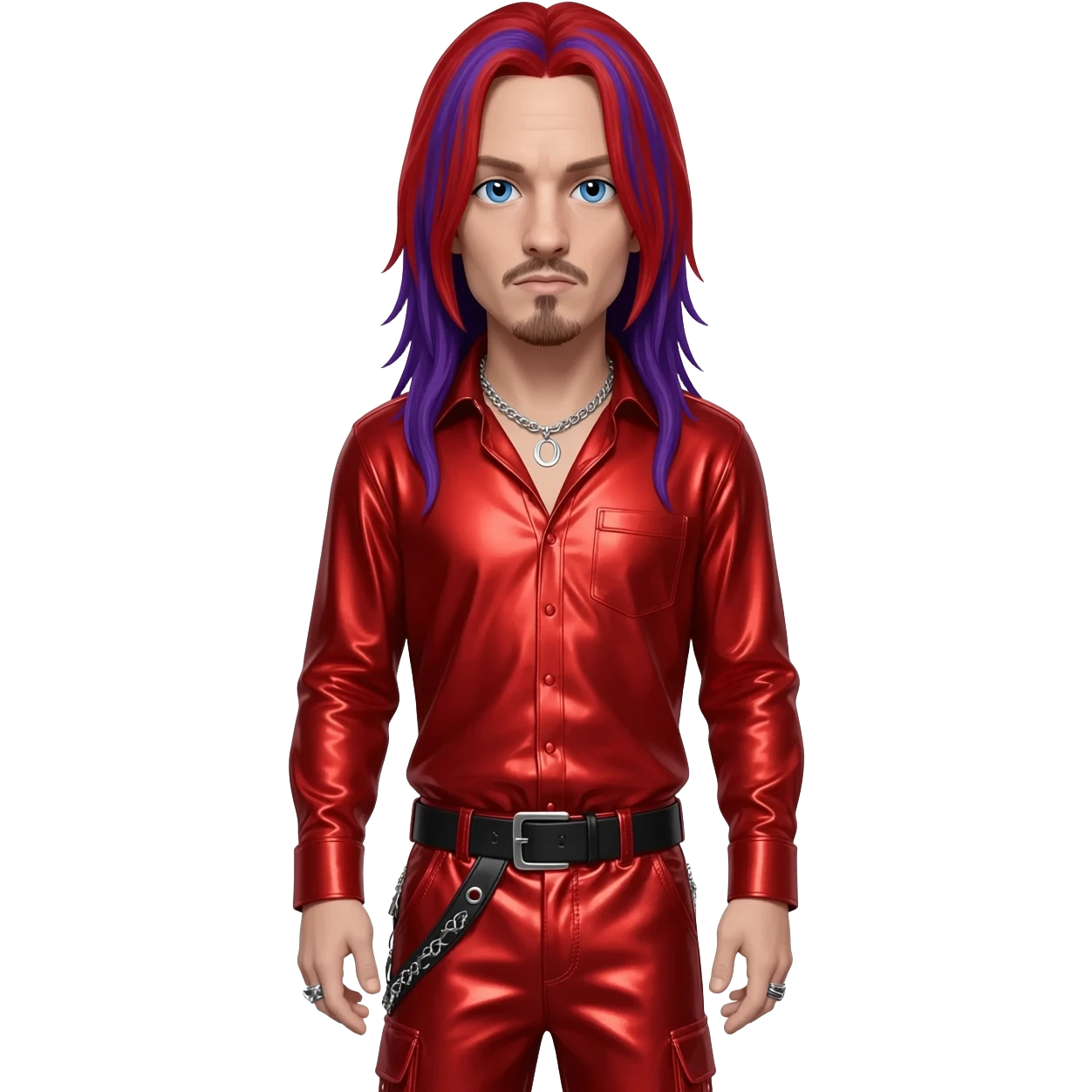 Corey Taylor with blue eyes, long red and purple hair, red metallic shirt, red metallic baggy pants, silver necklace emoji