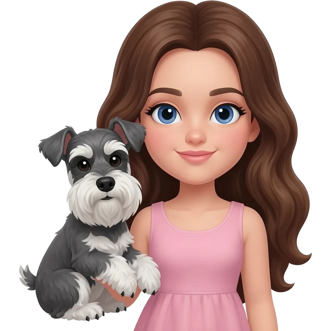Brunette dark blue eyes white girl with long slightly wavy hair and thick eyeliner holding a salt and pepper miniature schnauzer emoji