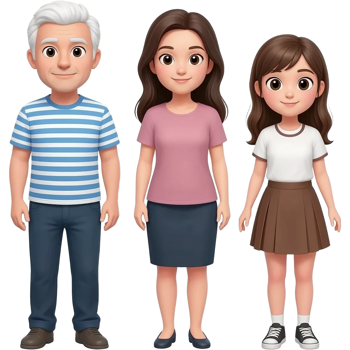 三人嘅emoji~男要白色頭髮~穿藍白橫條T卹不要胡蘇~一個女仕就攣頭髮長嘅~另一個少女就係啡色頭髮穿少女裙子～平排一起面向鏡頭 emoji