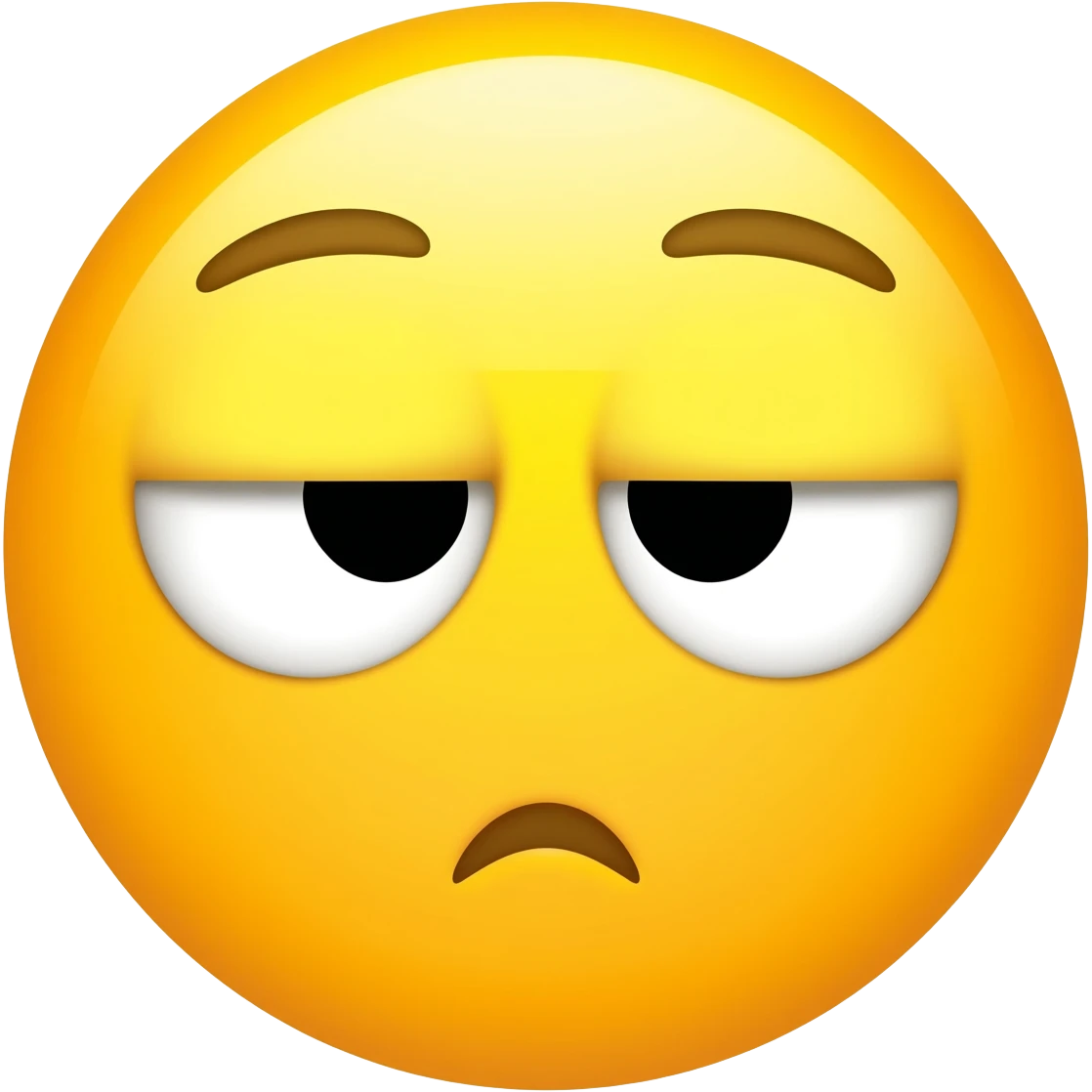 yellow emoji face, bored annoyed expression, heavy eyelids, eyes looking sideways, small crooked frown, Apple emoji style, simple yellow face emoji
