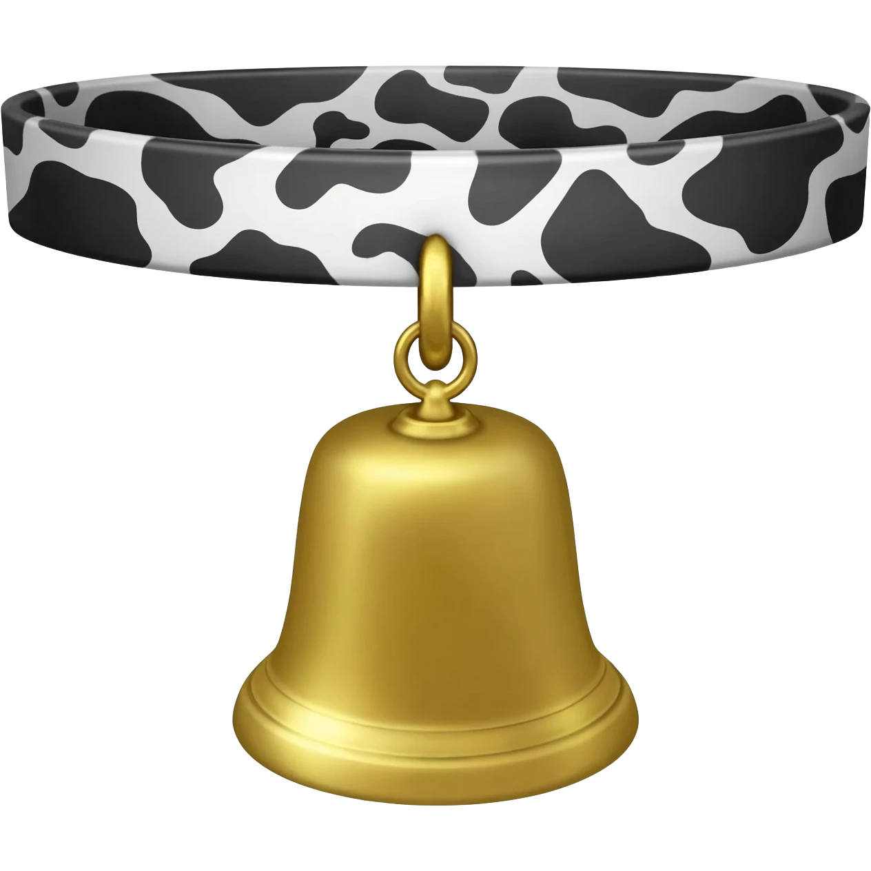 small plain gold cowbell trapezoid-shaped on a collar with cow black and white pattern emoji