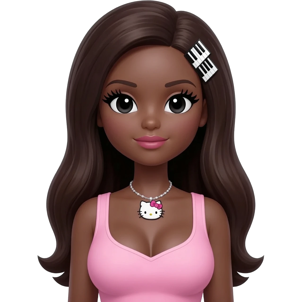 Long giant lashes, my melody and my sweet piano hairclip, Doll faced shaped, hello kitty necklace, bimbo, black doll eyes, barbie, dark brown skin with long dark brown hair, light pink bimbo sleeveless shirt big breast emoji