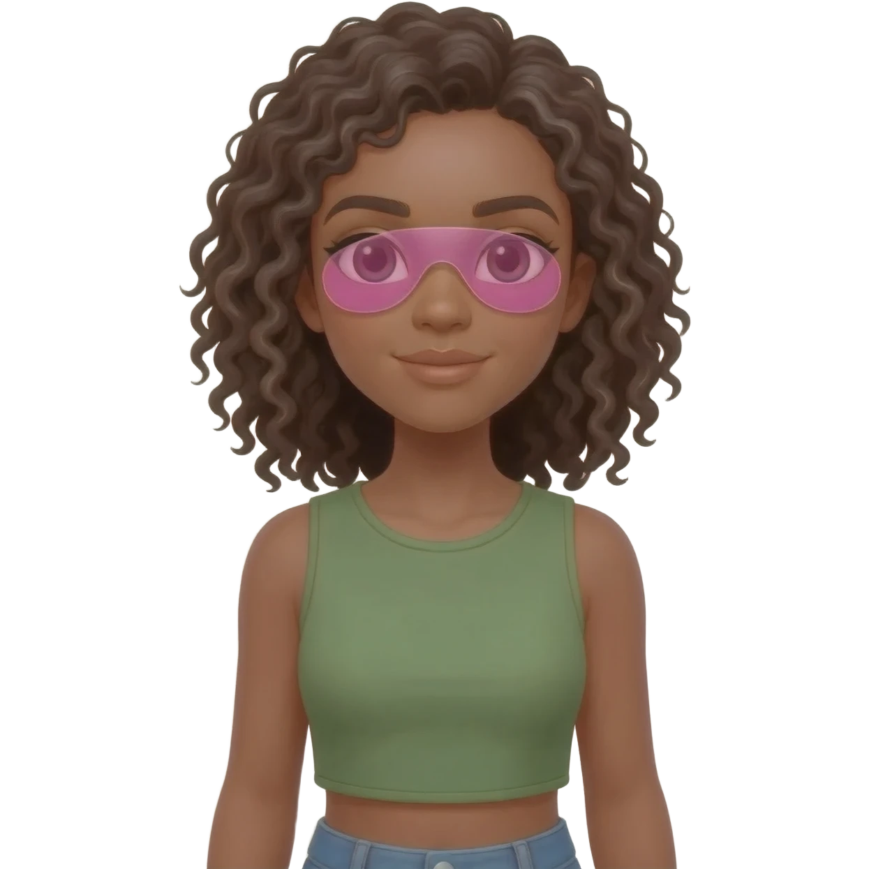 Chica con tono de piel canela de cabello rizado a los hombros con varias canas con top verde olivo escotado sin mangas y con lentes graduales rosas para usar como emoji de WhatsApp emoji