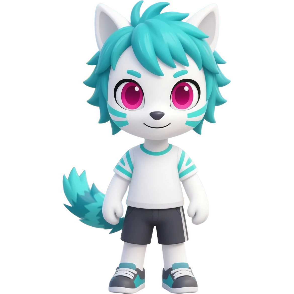 White badass elegant wild beautiful natural cute badass epic anthro modern albino sergal-vernid-creature with cyan mane and magenta eyes with cyan edgy stripes, full body, blue pretty hair, outside, modern, aesthetic, art by LiLaiRa, art by art by Falvie emoji