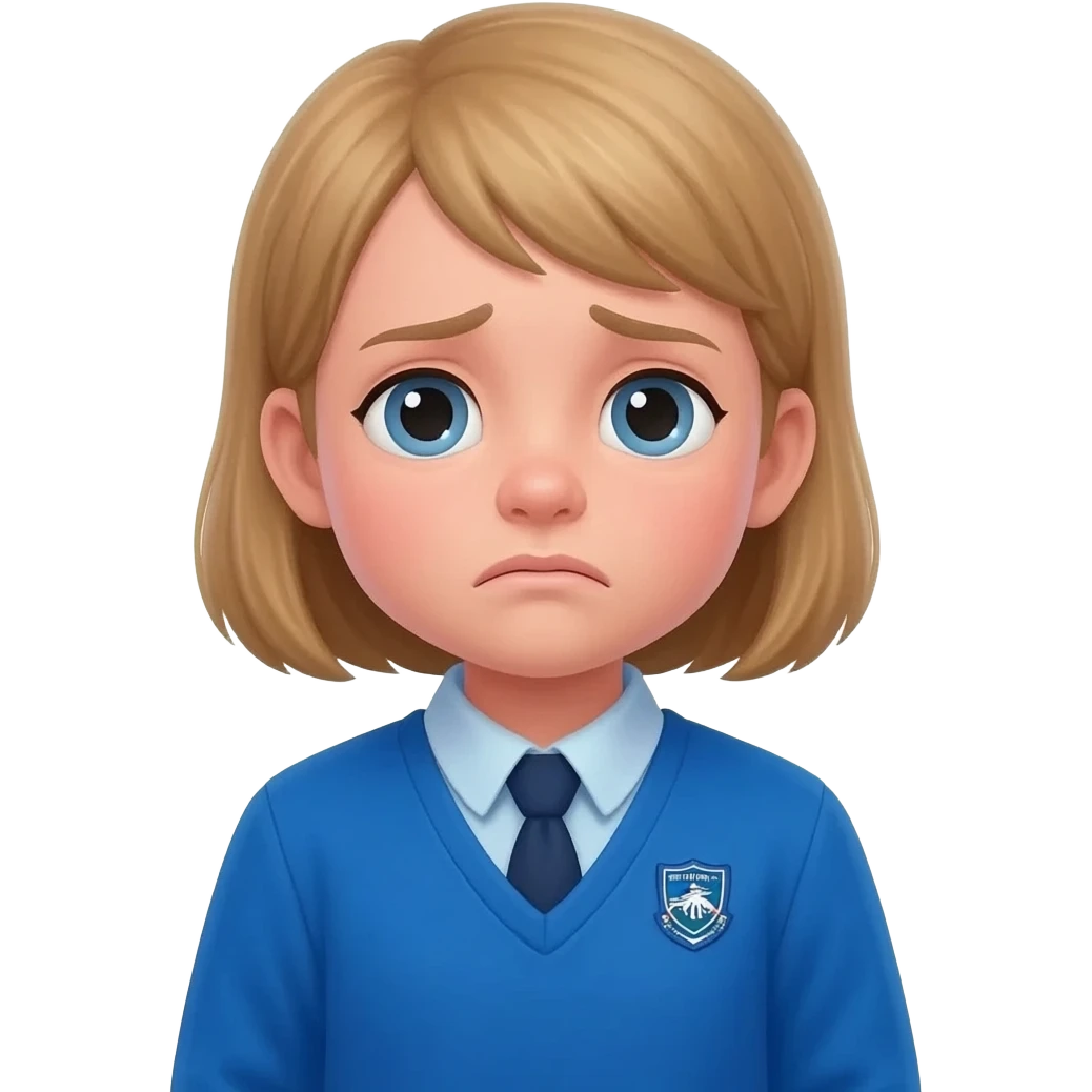 primary school girl looking sad thinking about Maths (thought bubble with maths symbols inside) wearing a blue uniform with a river primary school badge. emoji