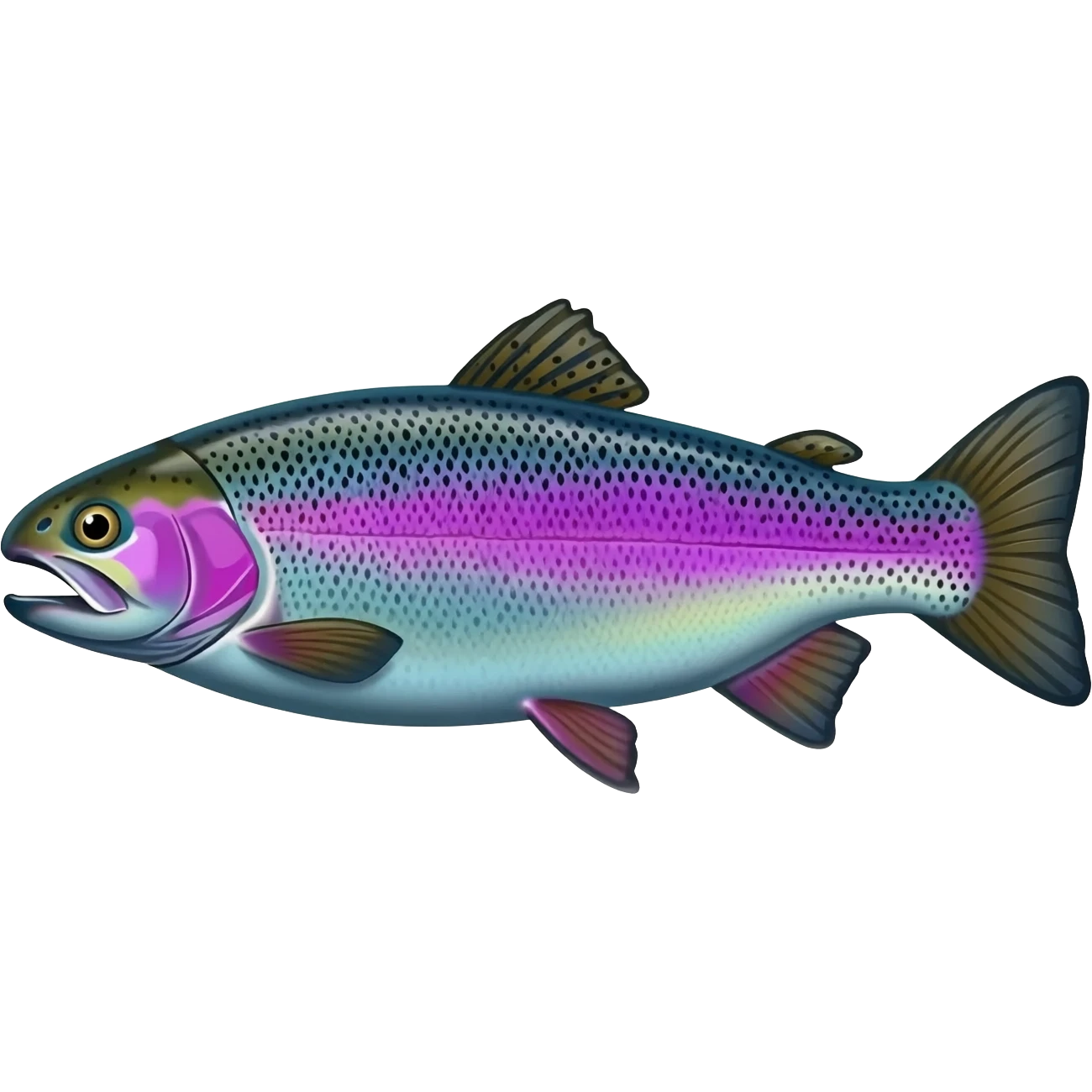 realistic rainbow trout fish bright saturated purple blue green yellow white with scales and black speckles emoji