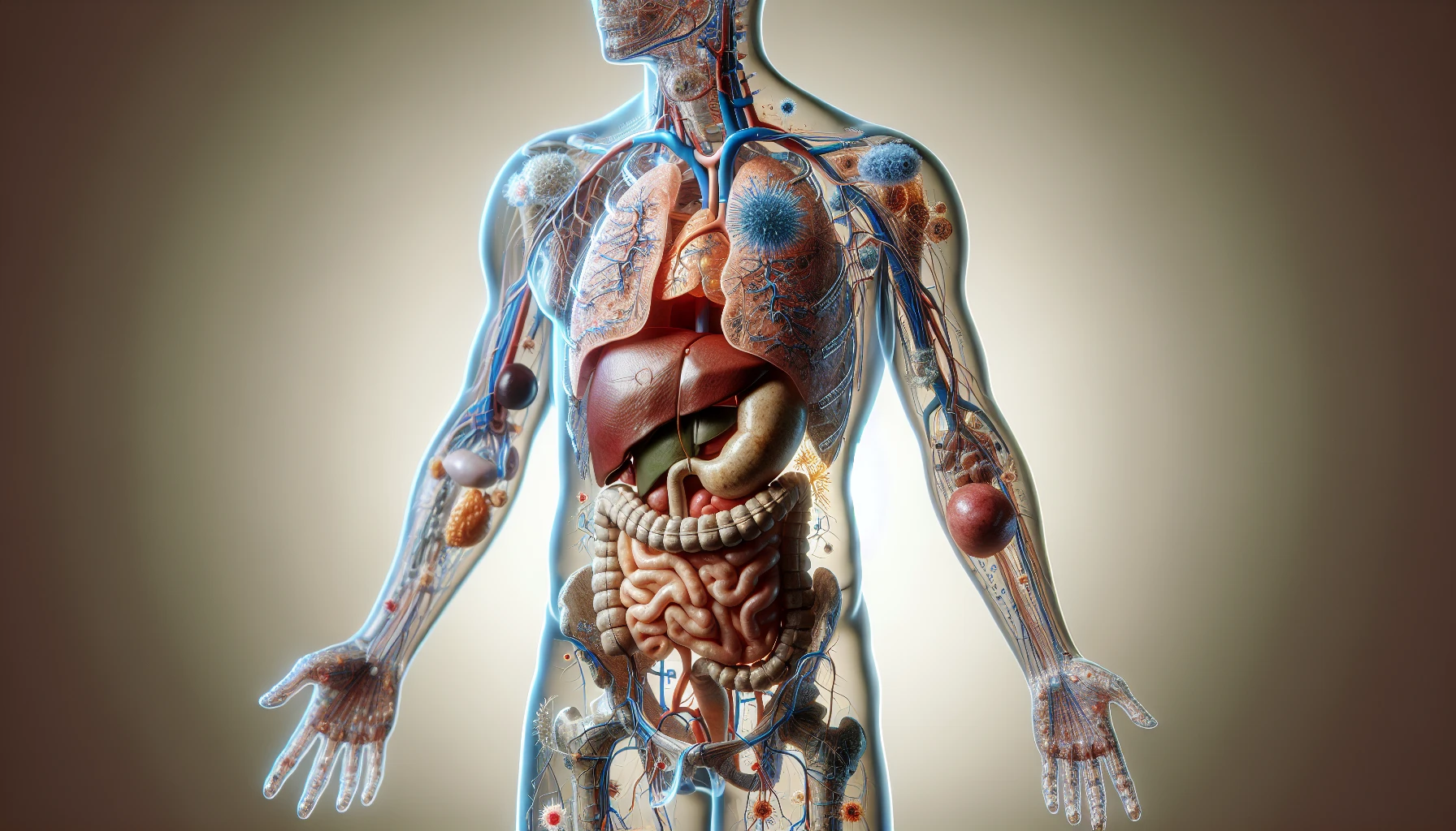 corpo umano anatomico che accumula tossine e virus e malattie nel corpo , sfondo neutro chiaro, iperrealistico 4k emoji