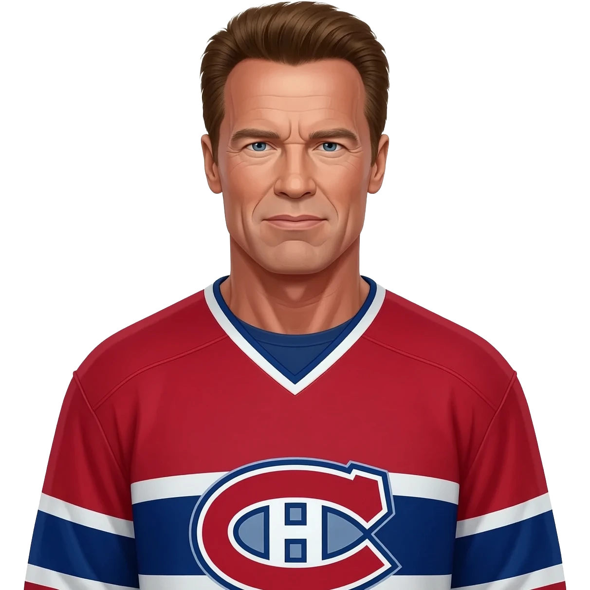 Arnold Schwarzenegger dress up as a Montréal Hockey team's shirt emoji