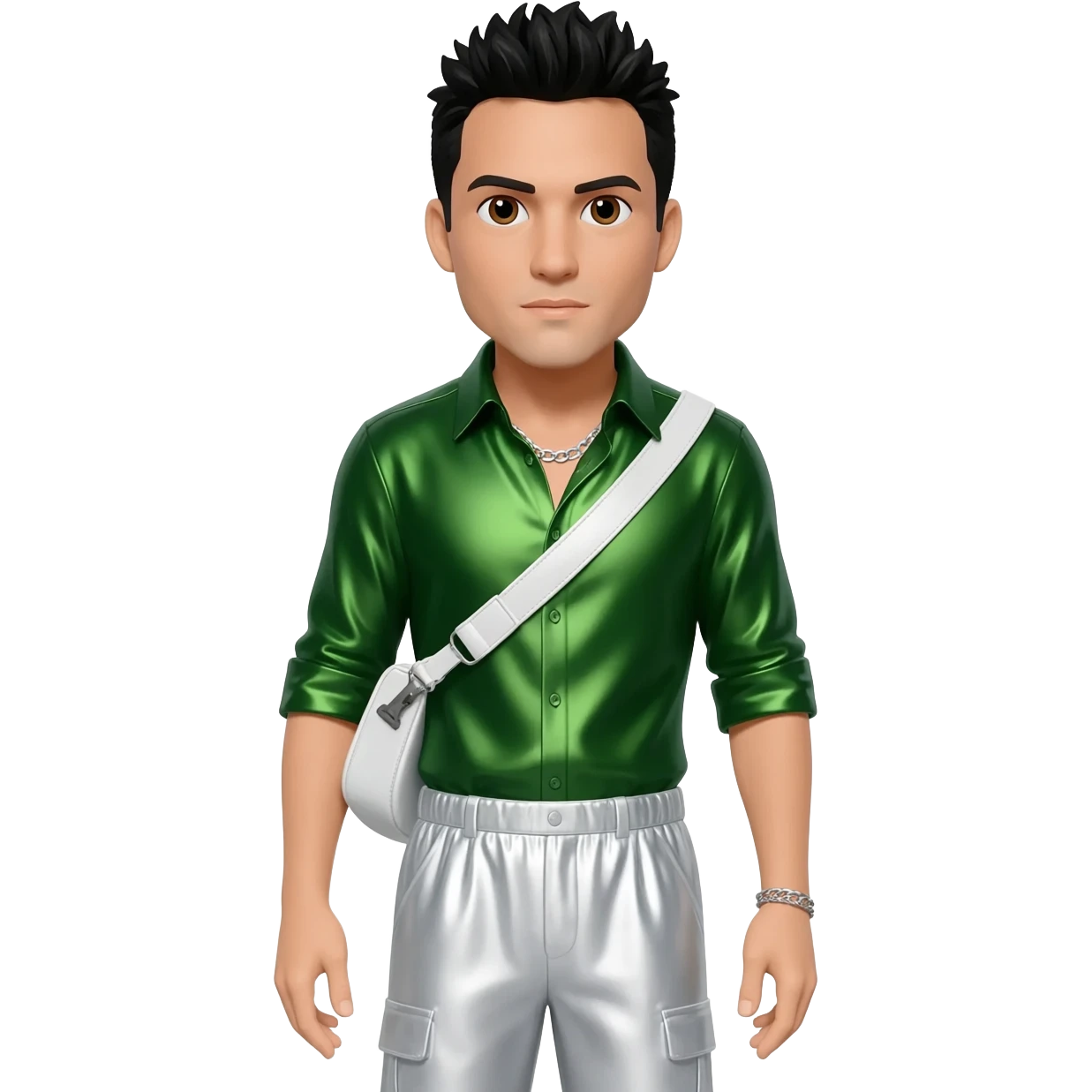 Danny Wood from NKOTB with brown eyes, black hair, green metallic shirt, white metallic baggy pants, silver necklace emoji