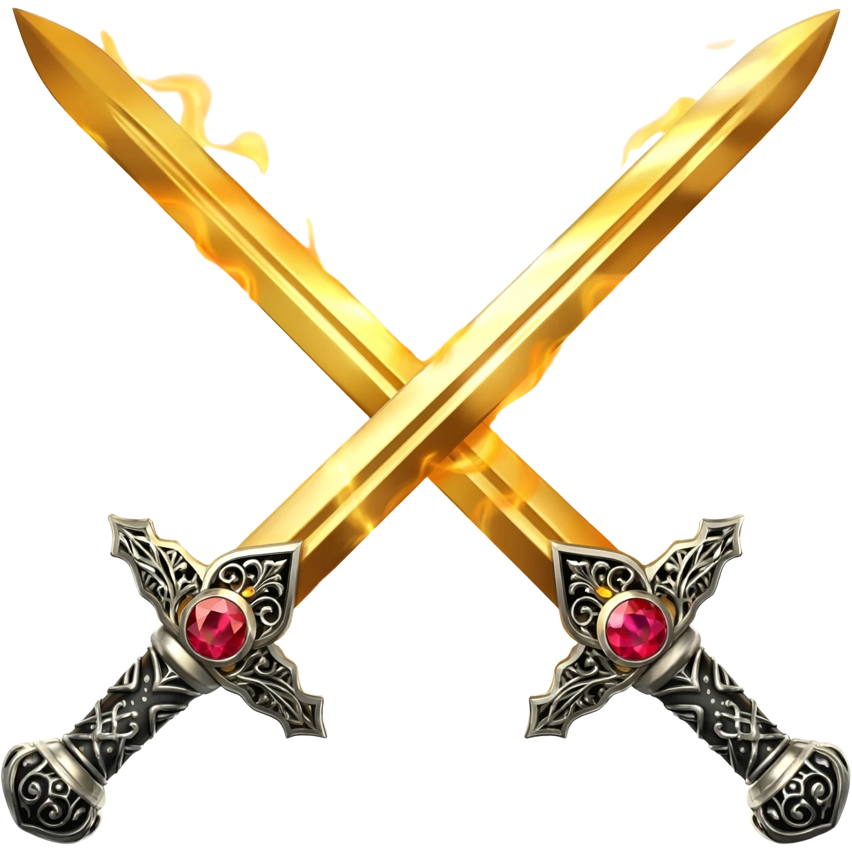 Flaming fully golden crossed swords with red gems emoji