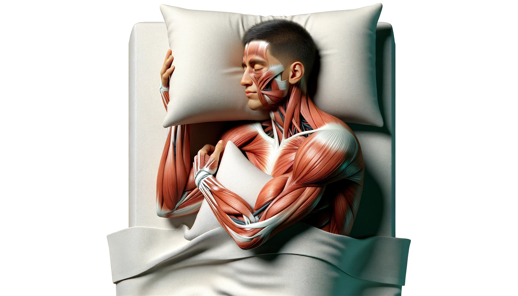 corpo umano anatomico con capelli corti che dorme sereno abbracciato al cuscino, muscoli e organi in evidenza, sta nel letto con l'espressione rilassata, visto dall'alto, iperrealistica 4k, isolato su sfondo bianco emoji