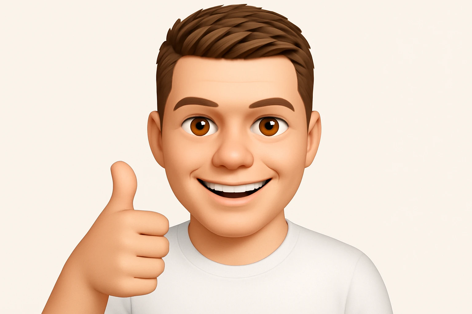 Based on these photos, make an emoji with facial features intact, a man in a white T-shirt, giving a thumbs up and smiling approvingly emoji