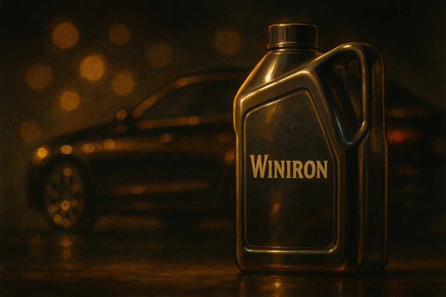 a premium dark moody automotive scene. A Winiron motor oil container stands in the foreground, illuminated by soft golden rim light. Background is a luxury car silhouette with warm reflections, blurred bokeh lights, and deep shadows. Add subtle metallic shine, glossy highlights on the container. Composition should feel cinematic, expensive, and powerful. No text, no distortions, keep the Winiron logo original. emoji