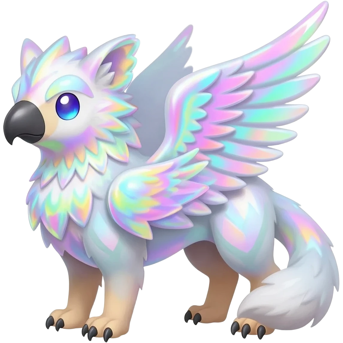 Colorful iridescent whitish pastelish luminescent angelic divine shiny sparkly glittery Gryphon-Trico-Sergal-Furret-Ferret-Wolverine-Vernid-fusion-Fakemon-animal-hybrid-creature, full body emoji