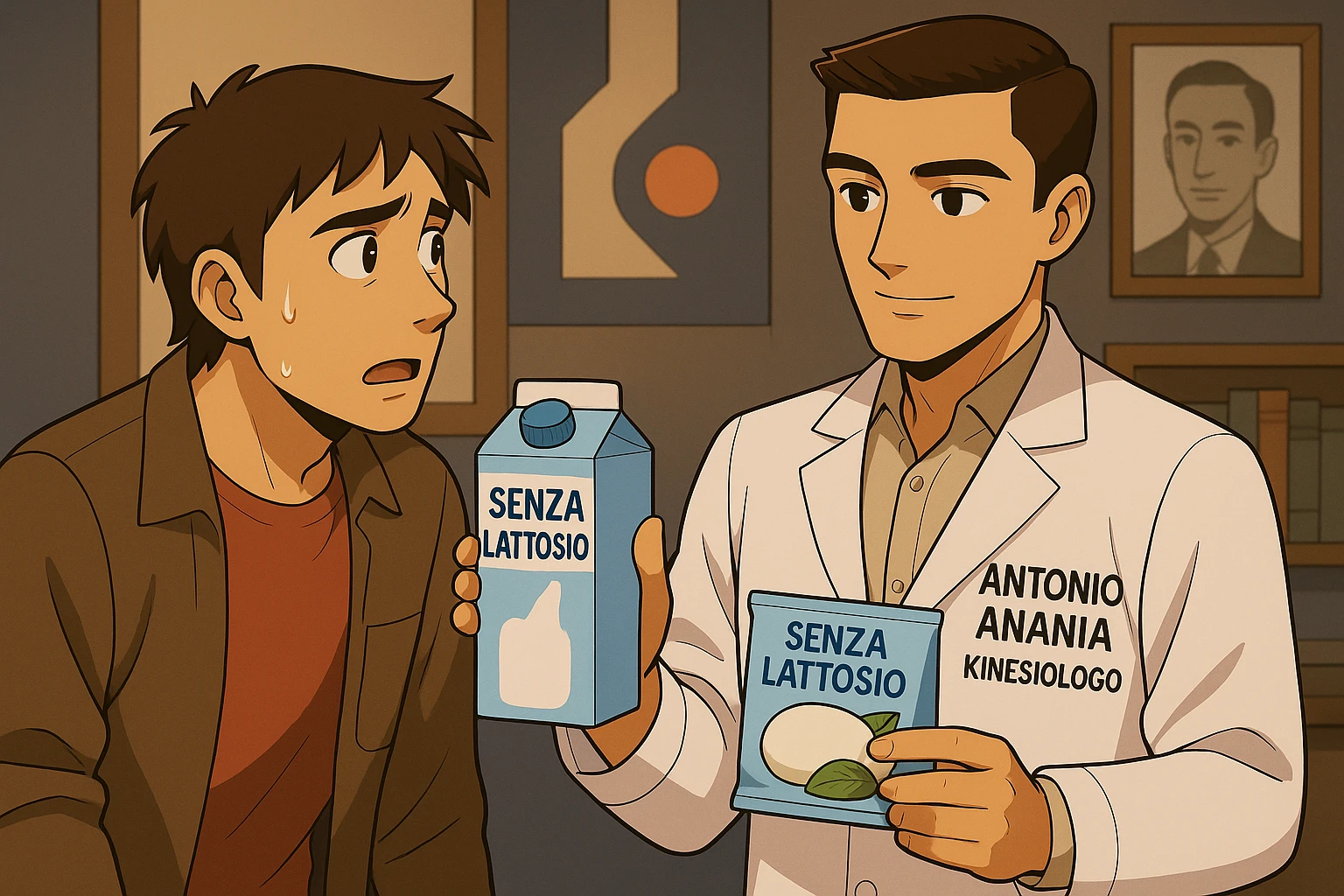 fai un webtoon manga a colori con questo stile, in cui un uomo ASCOLTA Il kinesiologo con il camice bianco (fagli anche la scritta "ANTONIO ANANIA" SUL CAMICE, IL KINESIOLOGO SPIEGA ALL'UOMO UNA MOSTRANDO VARI PRODOTTI DA SUPERMERCATO CONFEZIONATI (TIPO SCATOLA DI LATTE SENZA LATTOSIO, MOZZARELLA SENZA LATTOSIO), OGNI CONFEZIONE HA LA SCRITTA "SENZA LATTOSIO SULL'ETICHETTA. L'UOMO OSSERVA IL KINESIOLOGO CON ESPRESSIONE CONFUSA IN VOLTO. non fare i fumetti però, fai solo in modo che sembri stiano parlando emoji