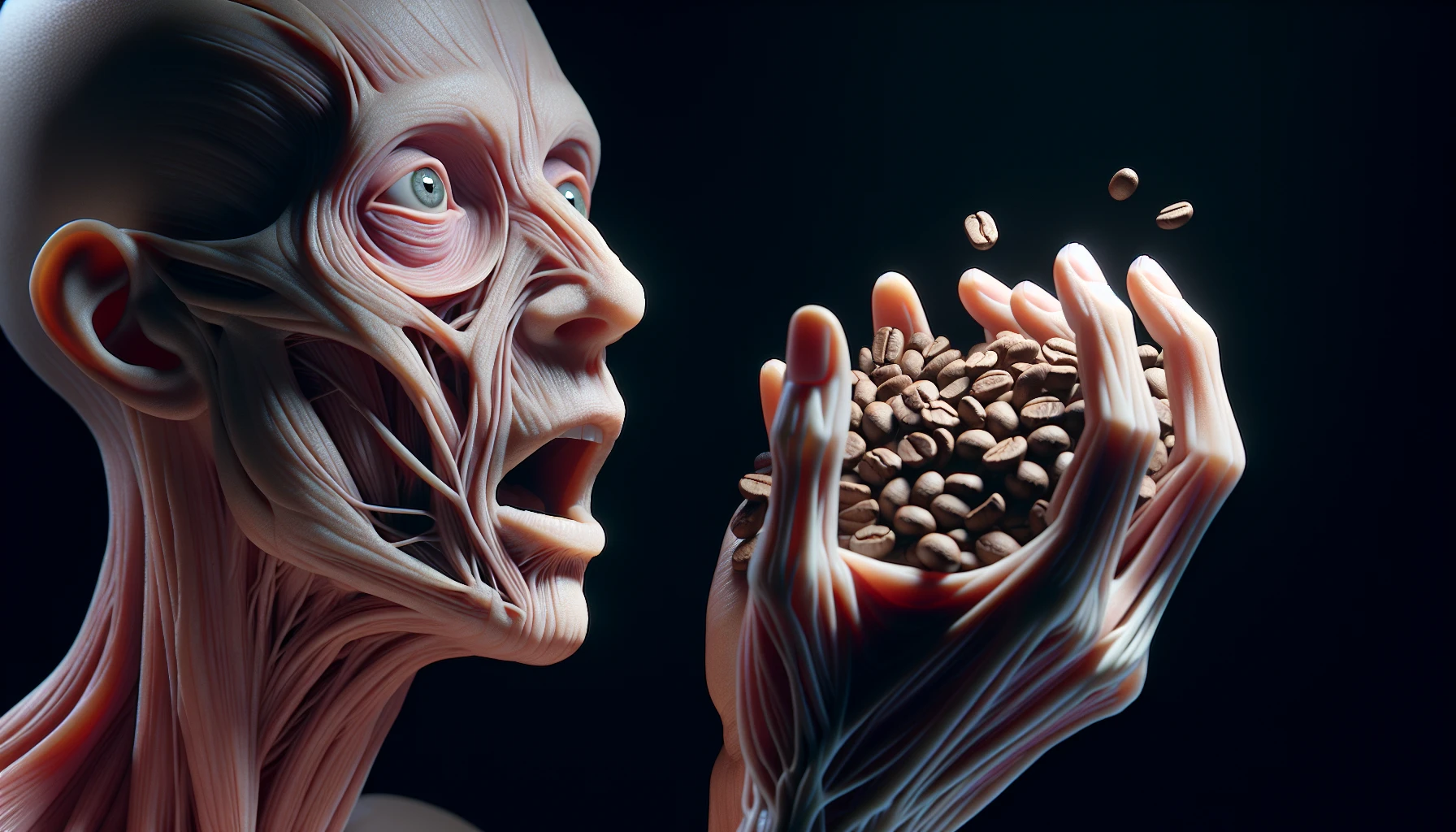 corpo umano anatomico che tiene in mano una manciata di chicchi di caffè e la guarda come se fosse dipendente da essa, stralunato, iperrealistico 4k emoji