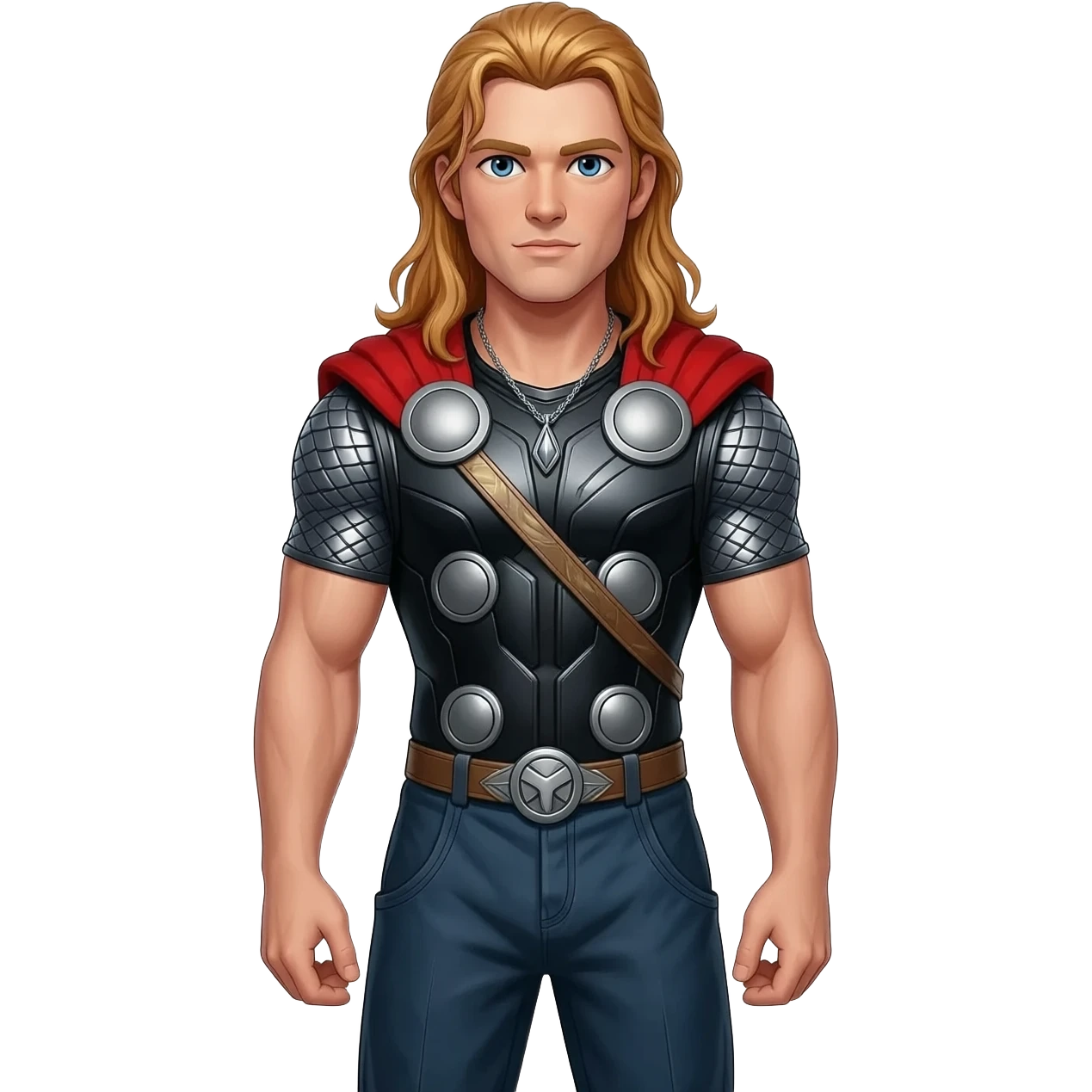 Thor from Norse Mythology with blue eyes, long red hair, black metallic shirt, dark blue metallic baggy pants, silver necklace emoji