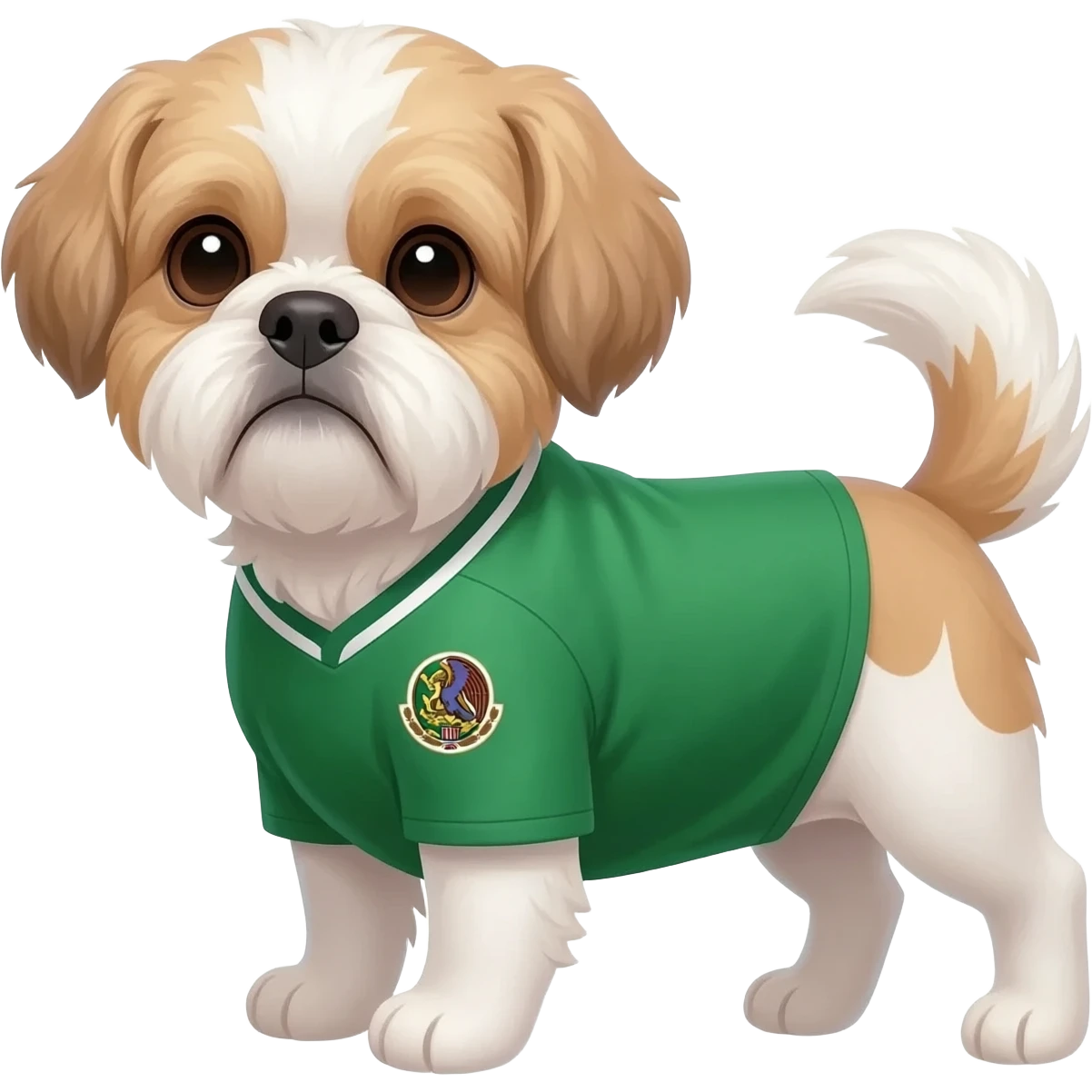 white and light brown shih zhu wearing a mexico  green soccer jersey v neck 2026 work cup emoji