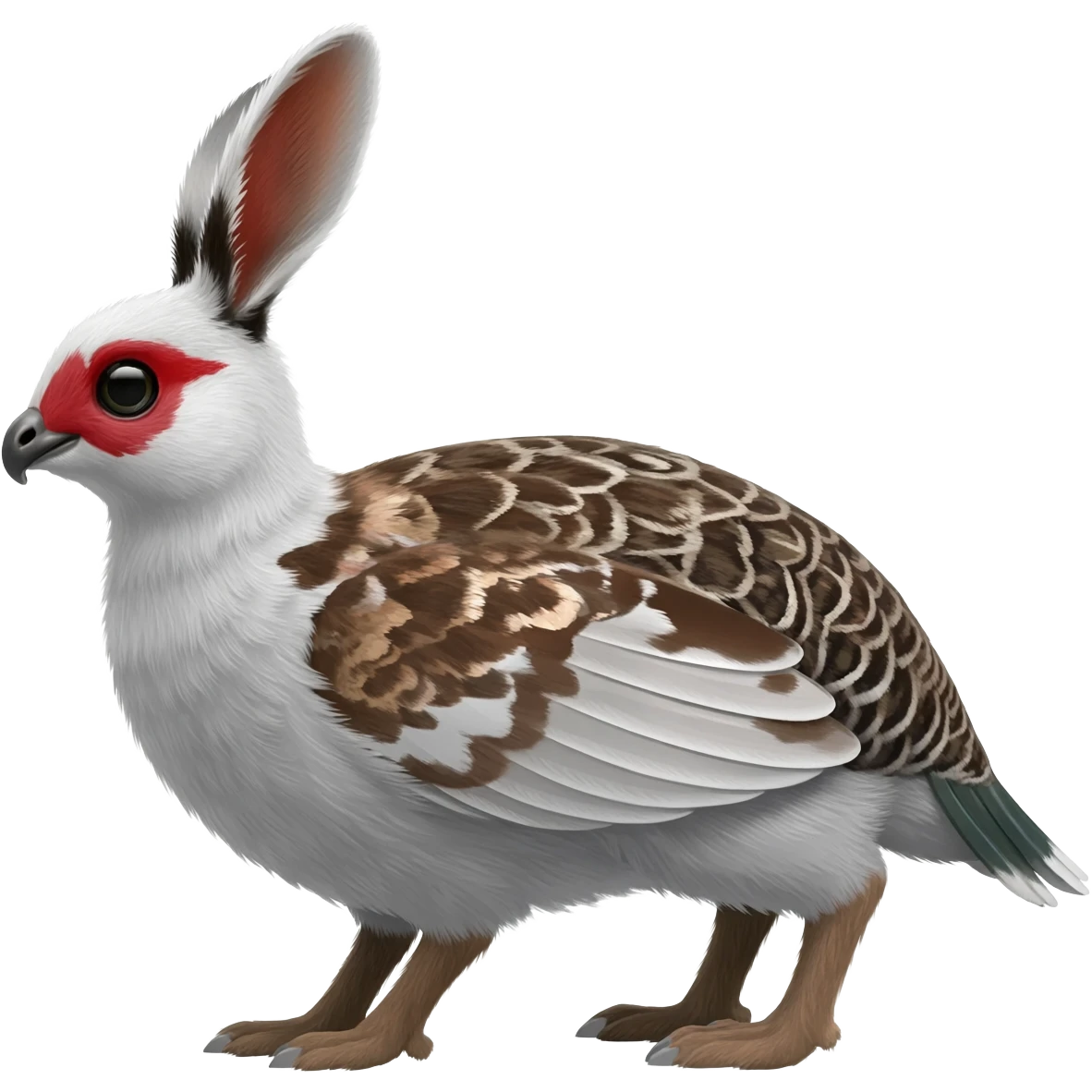 Asian Painted Fluffy Realistic Rock Ptarmigan-Snowshoe-Hare-Koi-Fish-Animal-hybrid, full body, with red marking over eye emoji