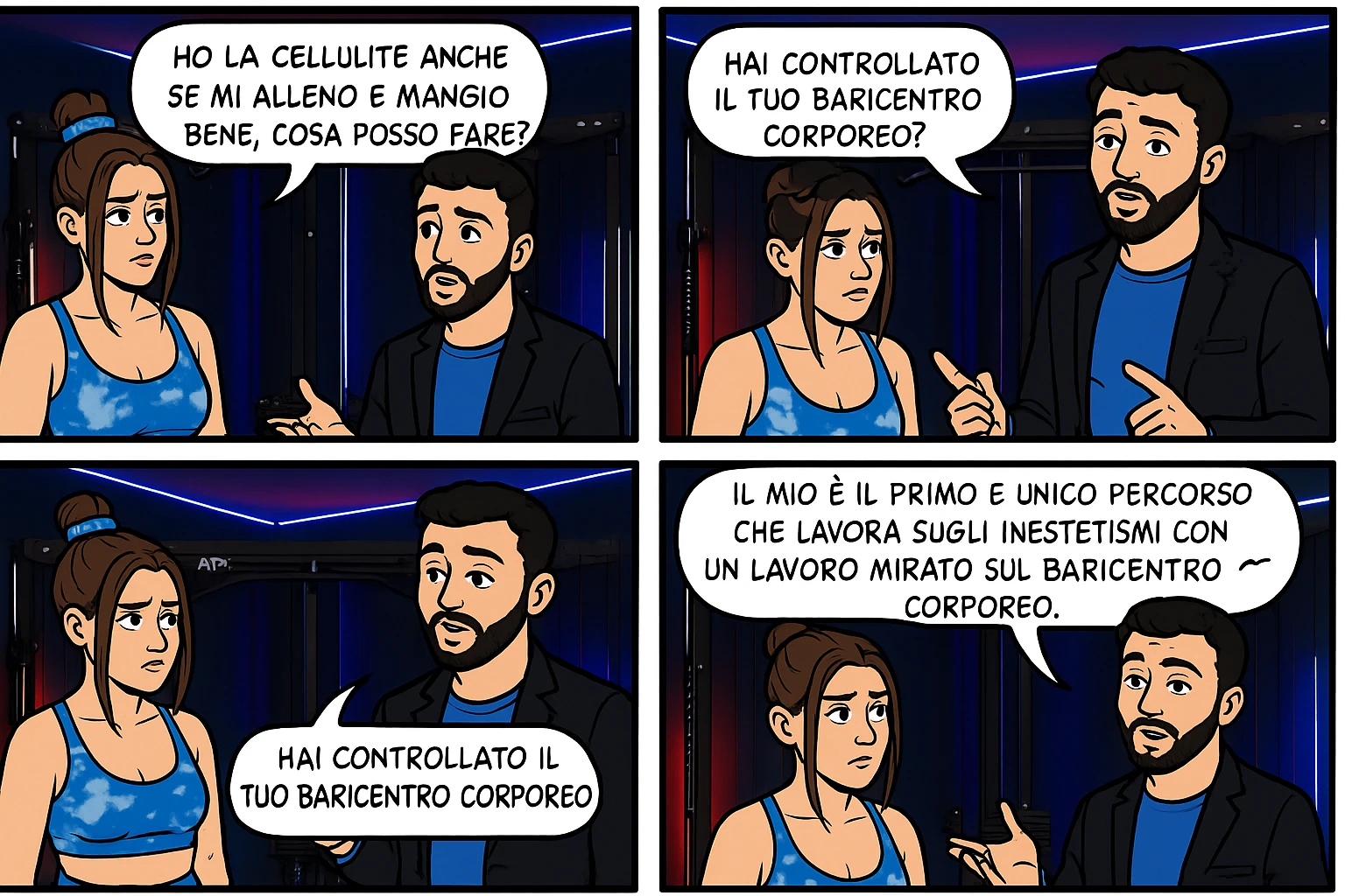 TRASFORMA QUESTO CAROSELLO IN UN FUMETTO CON QUESTE DUE PERSONE IDENTICHE CHE INTERLOQUISCONO TRA LORO:

LEI: Ho la cellulite anche se mi alleno e mangio bene, cosa posso fare?

LUI: Hai controllato il tuo baricentro corporeo?
Sapevi che se il peso del tuo corpo cade in avanti o da un lato, c’è un disallineamento fra bacino e torace, che comprimendo le coste, limita la motilità del diaframma e l’ossigenazione dei tessuti?
Il mio è il primo e unico percorso che lavora sugli inestetismi con un lavoro mirato sul baricentro corporeo. emoji