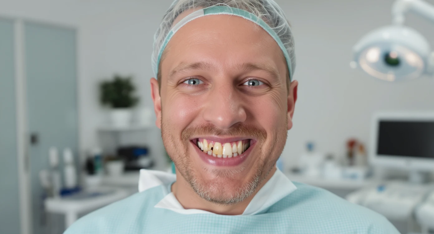 dentist smiling to camera with ugly teeth (bad and yellow teeth), cinematic shot, minimalistic clinic in background emoji
