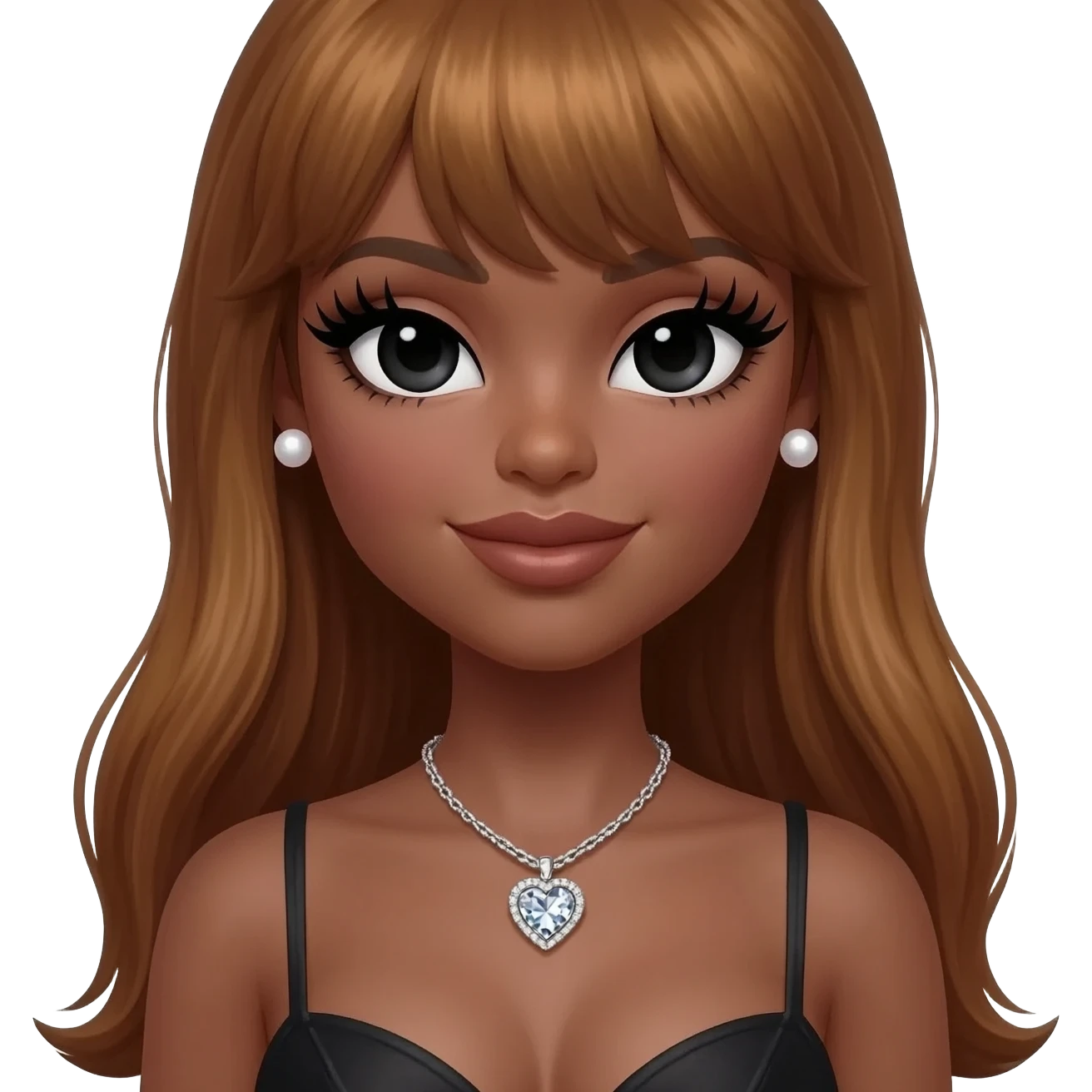 pearl earrings stud, Long giant lashes, Doll faced shaped,swarovski heart with Rhodium plated necklace, bimbo, black doll eyes, barbie, dark brown skin, with long honey brown hair, giant breast emoji