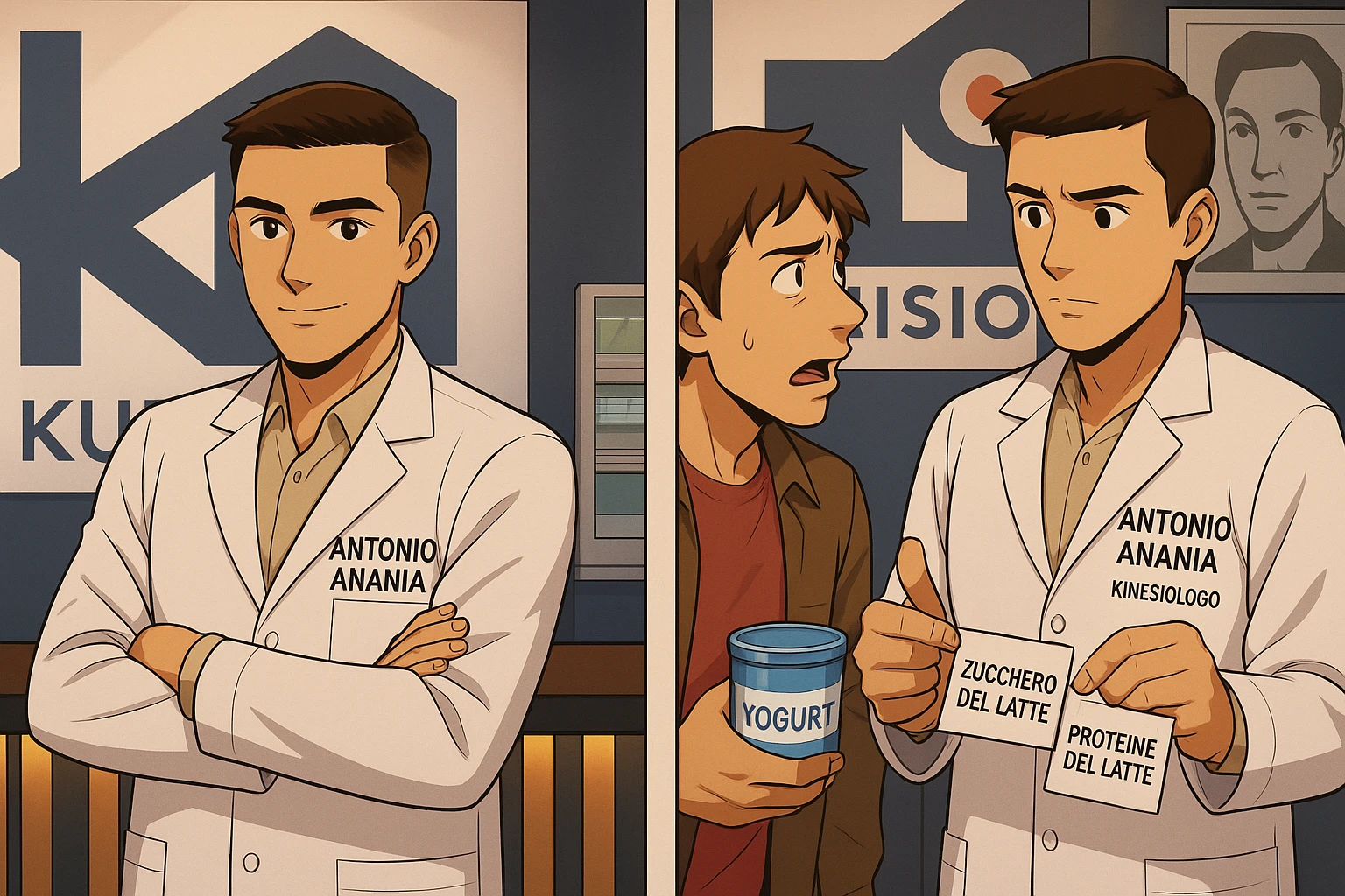 fai un webtoon manga a colori con questo stile, in cui un uomo ASCOLTA Il kinesiologo con il camice bianco (fagli anche la scritta "ANTONIO ANANIA" SUL CAMICE, IL KINESIOLOGO SPIEGA ALL'UOMO UNA COSA TENENDO DUE FOGLIETTINI IN MANO, UNO CON LA SCRITTA "ZUCCHERO DEL LATTE" E UNA CON LA SCRITTA "PROTEINE DEL LATTE". L'UOMO OSSERVA LO YOGURT CHE HA IN MANO CON ESPRESSIONE DUBBIOSA IN VOLTO. non fare i fumetti però, fai solo in modo che sembri stiano parlando emoji