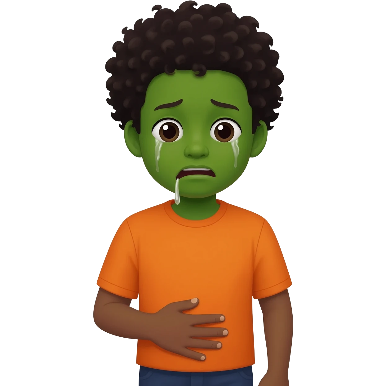 black boy curly hair orange shirt feel sick throw up hand on stomach green face emoji