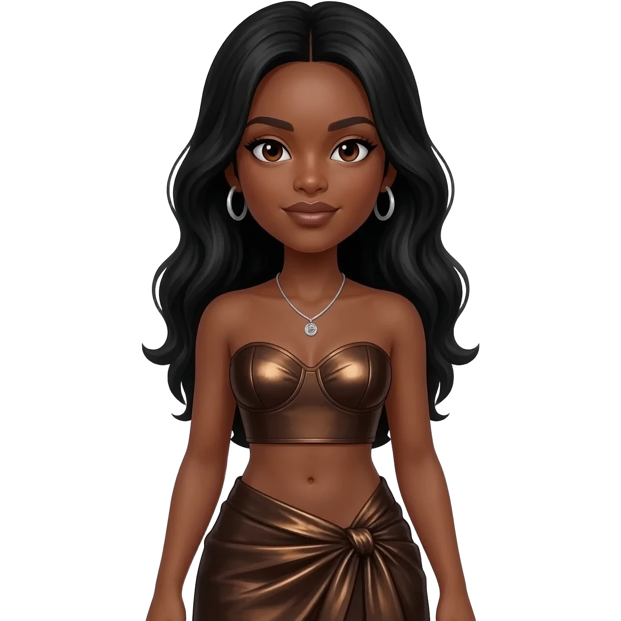 Brandy Norwood with dark brown eyes, long black hair, dark brown metallic sweetheart crop top, dark brown metallic long wrap skirt, silver necklace and earrings emoji