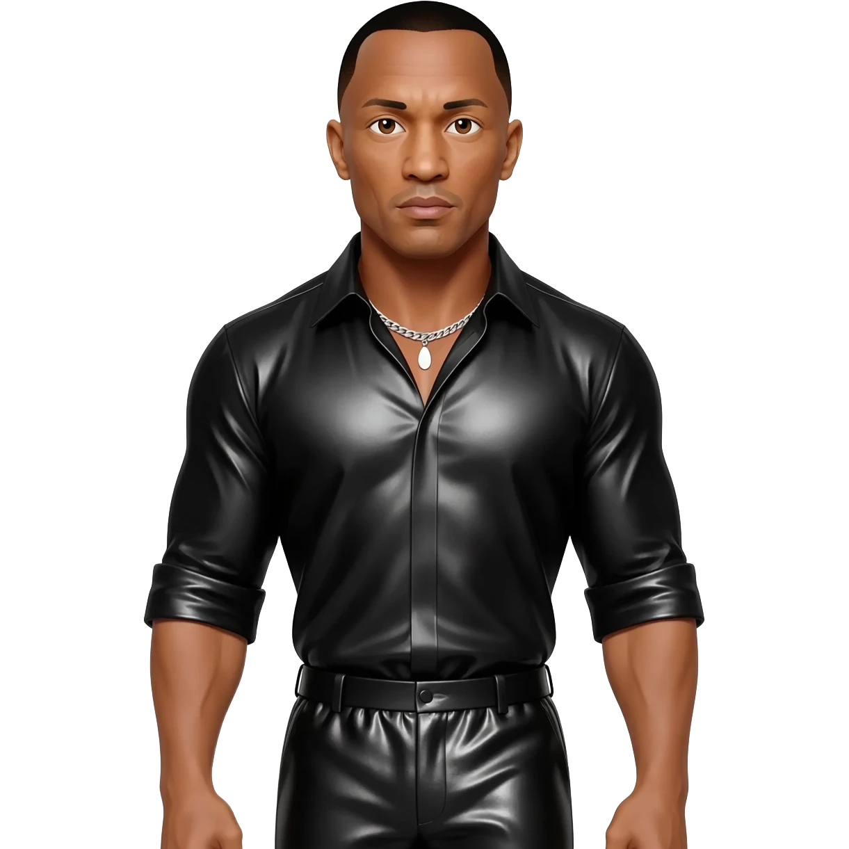 Dwayne Johnson with brown eyes, black short hair, black metallic shirt, black metallic baggy pants, silver necklace emoji