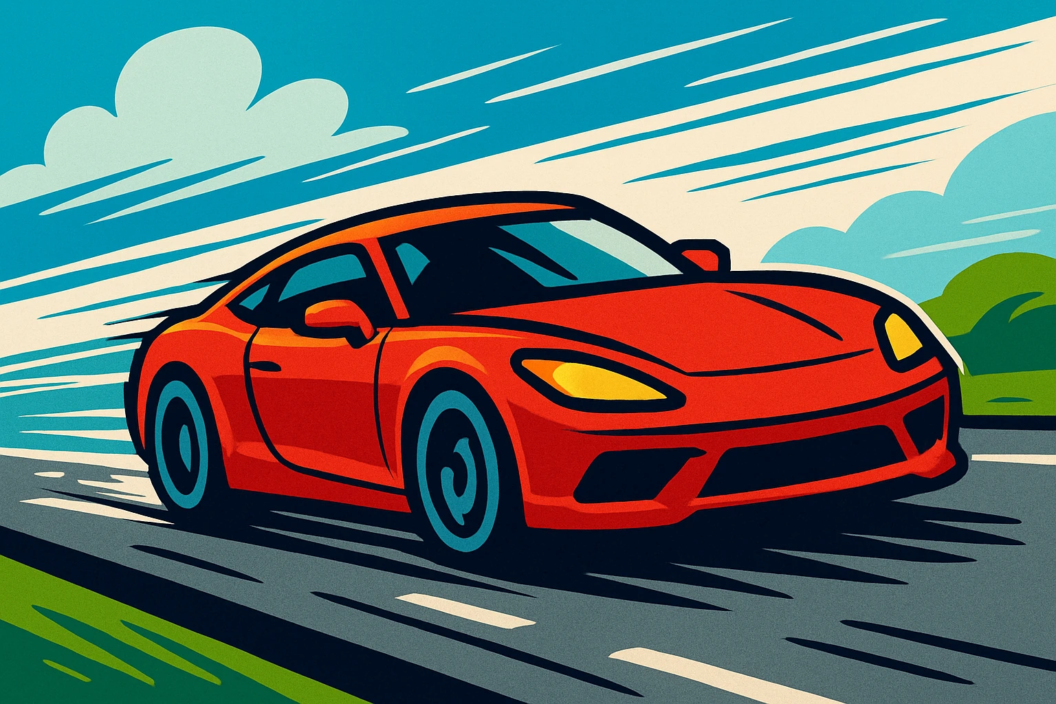 a sports car quickly moving on asphalt road, motion lines, stylized, cartoon-like appearance, shiny red color emoji
