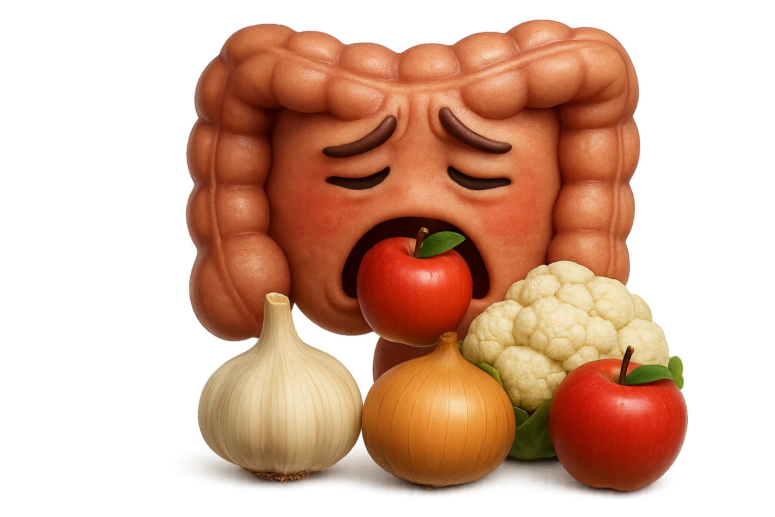 EMOJI STILE IPHONE DI UN INTESTINO UMANO IN CRISI PERCHé STA MALE, IN BOCCA HA UNA MELA E DAVANTI A LUI C'è UNA MONTAGNA DI aglio, cipolle, cavolfiore e mele, IPERREALISTICO 4K emoji